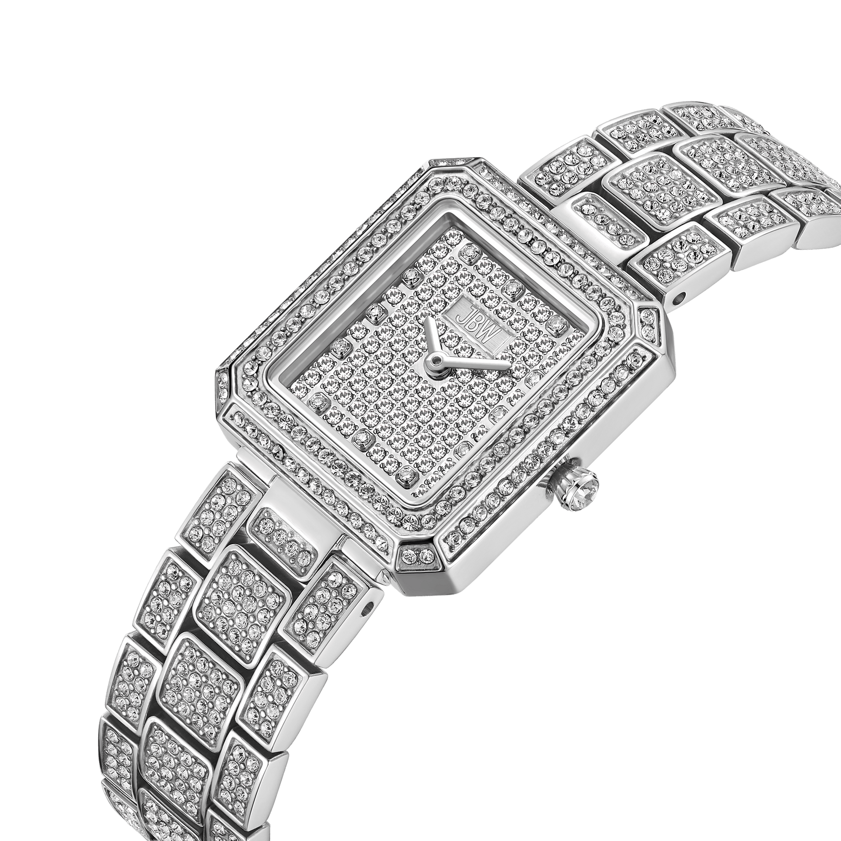 A close-up showcases the JBW Watches Arc Double | J6390D: a silver wristwatch with a square face, bracelet, and crystal-studded bezel covered in sparkling diamonds, set against a white background.