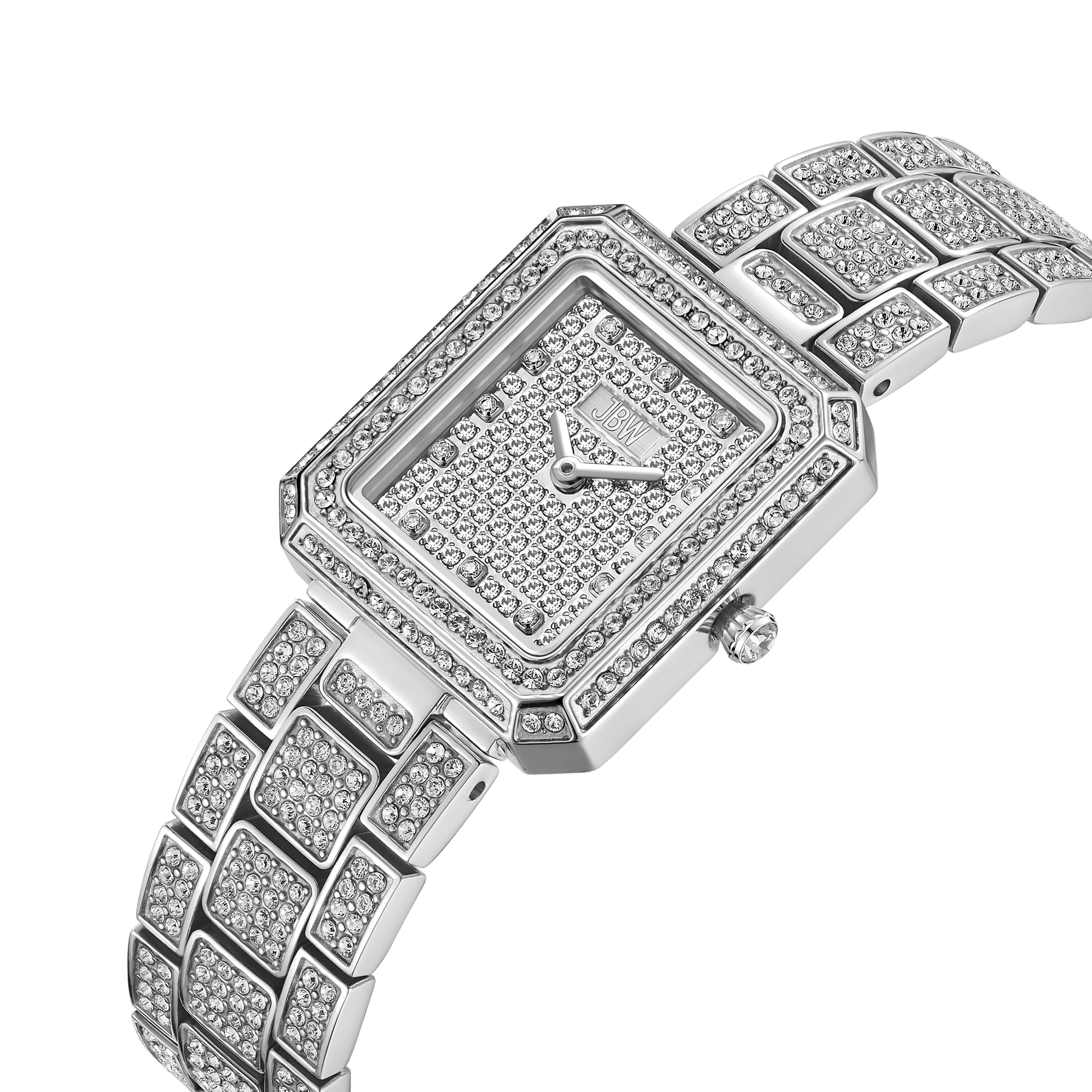 A close-up showcases the JBW Watches Arc Double | J6390D: a silver wristwatch with a square face, bracelet, and crystal-studded bezel covered in sparkling diamonds, set against a white background.