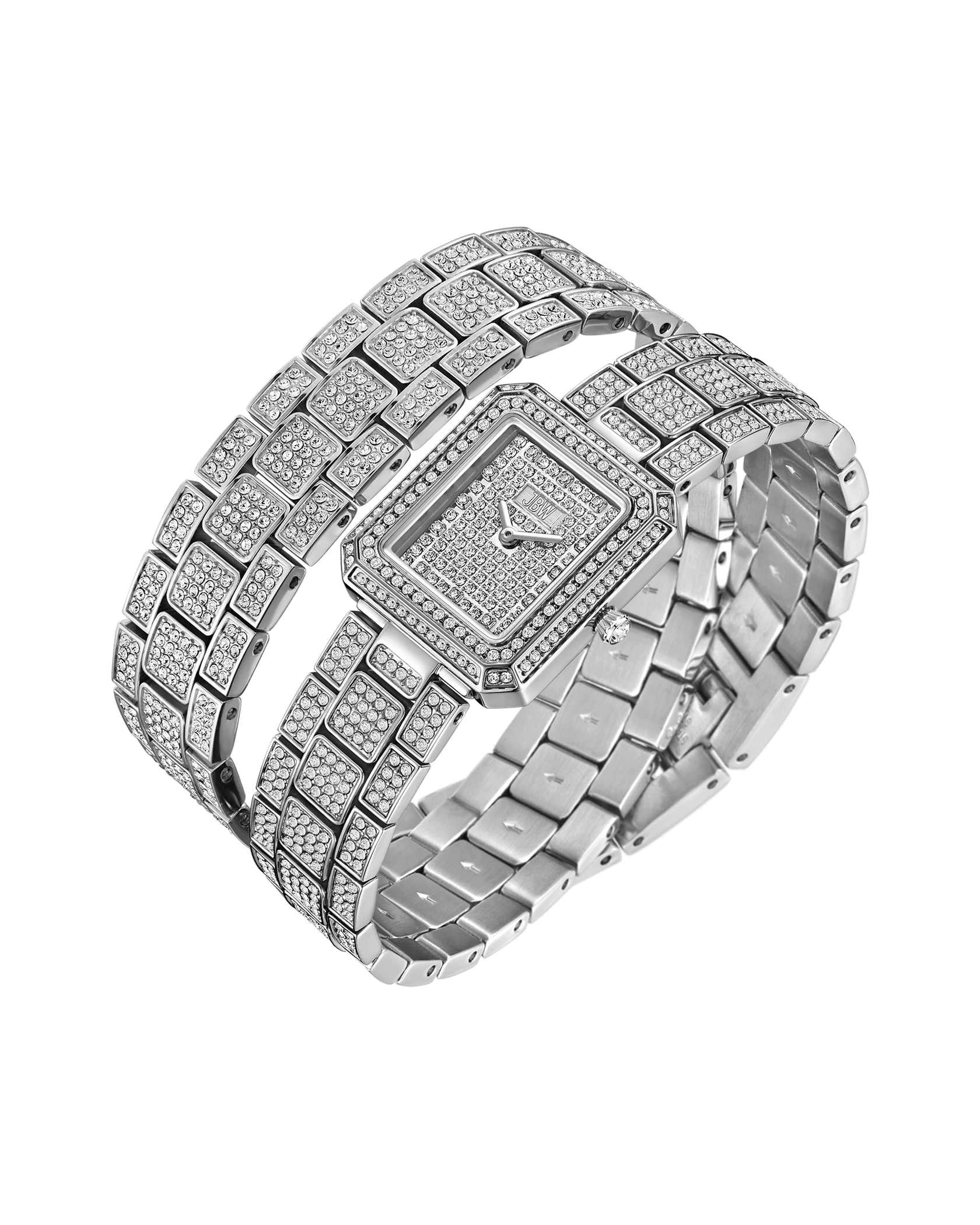 The JBW Watches Arc Double | J6390D is a silver diamond watch with a rectangular, crystal-studded bezel and bracelet, featuring rows of sparkling stones on the case and band, displayed on a white background.