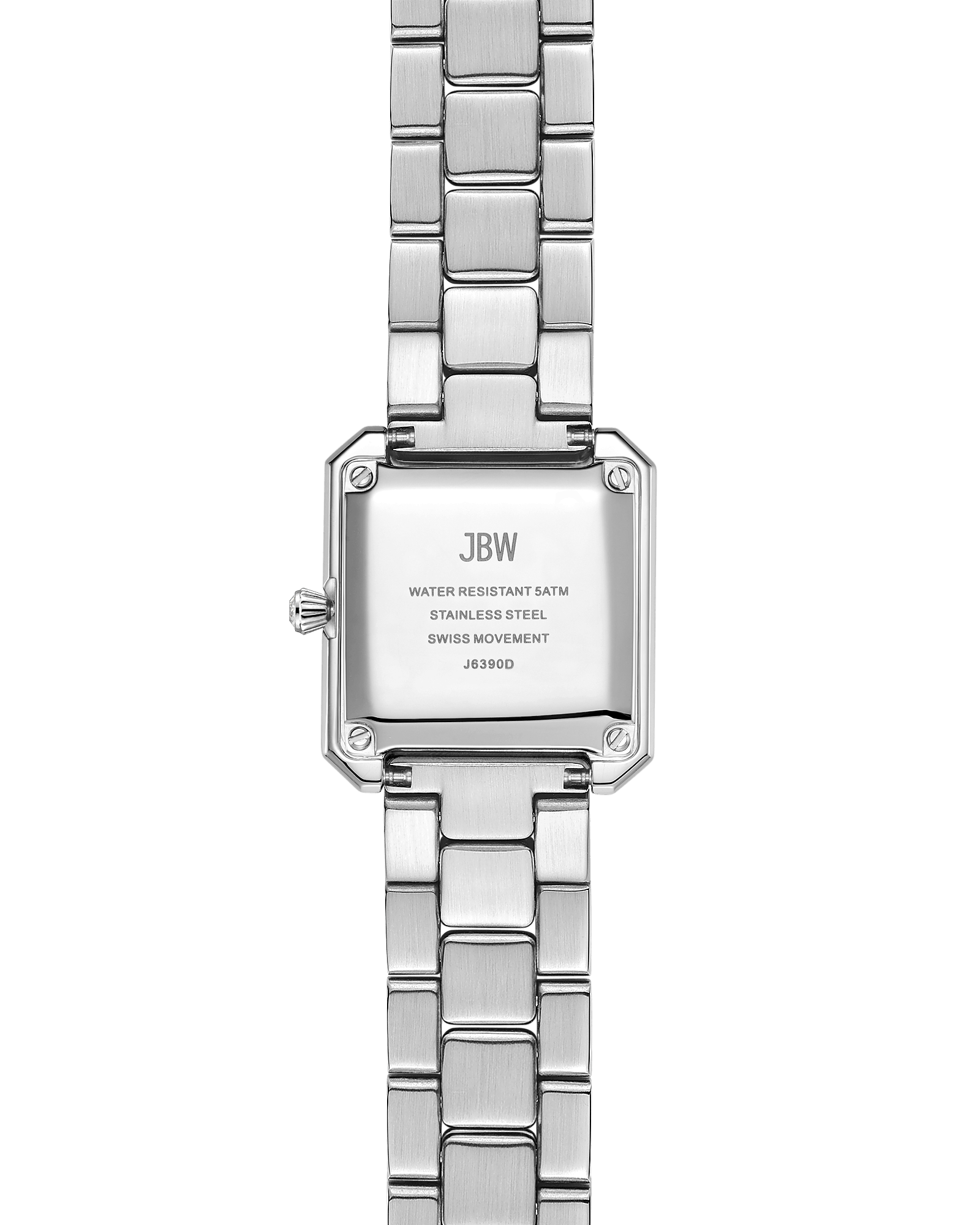 Back view of the JBW Watches Arc Double (J6390D) in silver, featuring a stainless steel band. The engraved case back details water resistance, material, Swiss movement, and model number.
