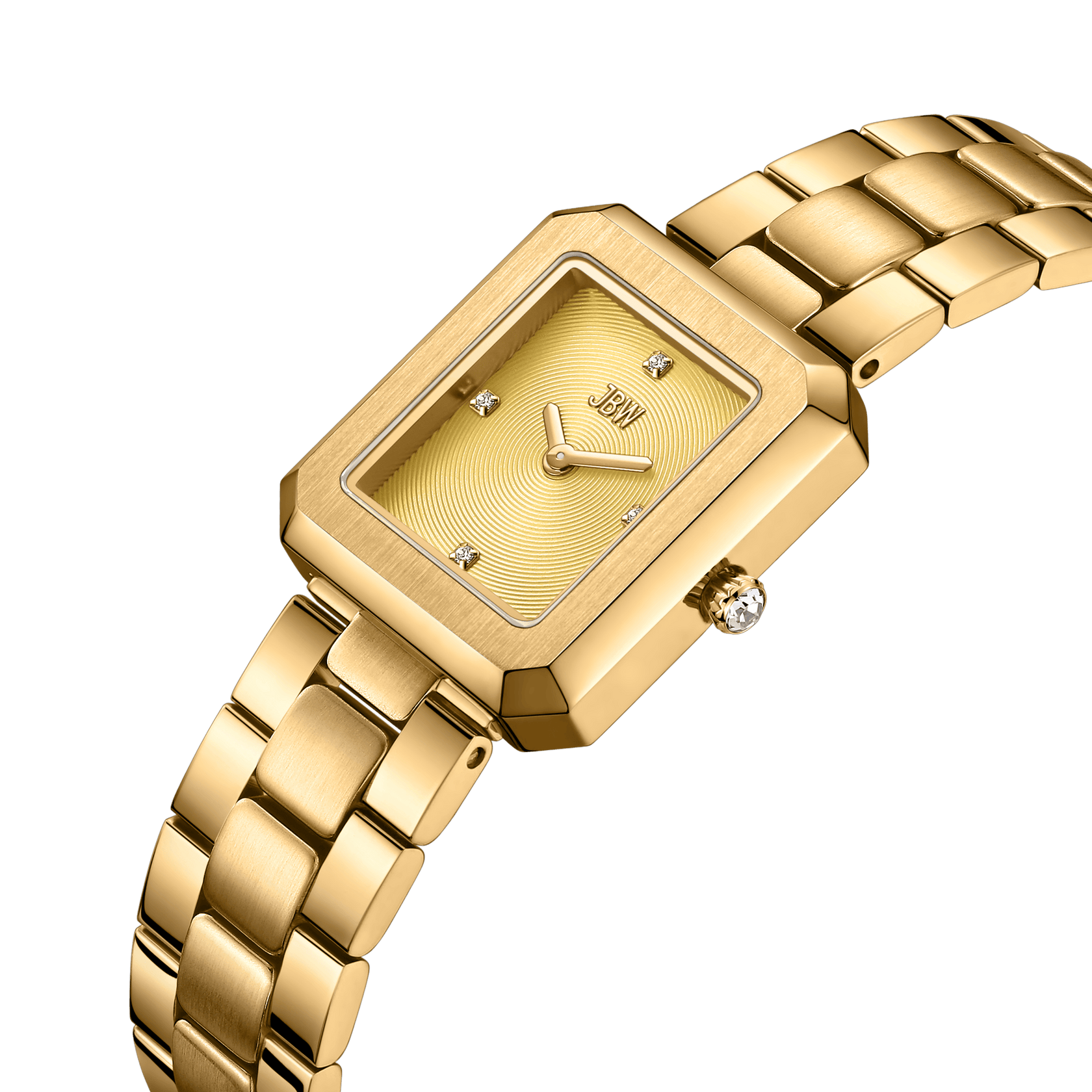 The Arc Single | J6390E by JBW Watches is a luxury gold wristwatch with a rectangular face, gold dial, three diamond markers, matching gold band, and a diamond-set crown—a stunning gender-neutral accessory.