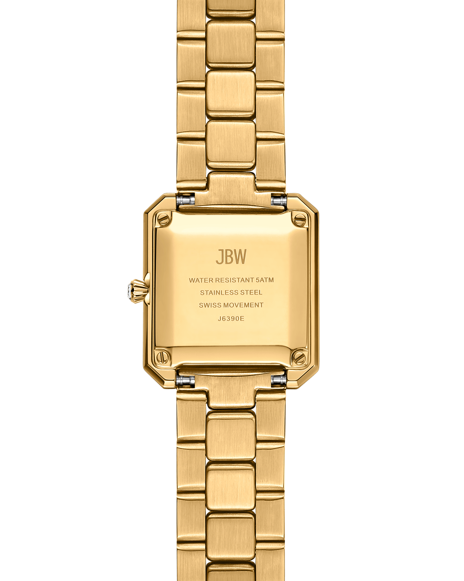 The Arc Single | J6390E by JBW Watches is a gold-tone, gender-neutral timepiece with a square case, metal link band, JBW engraving, stainless steel construction, Swiss movement, water resistance, and model number J6390E.
