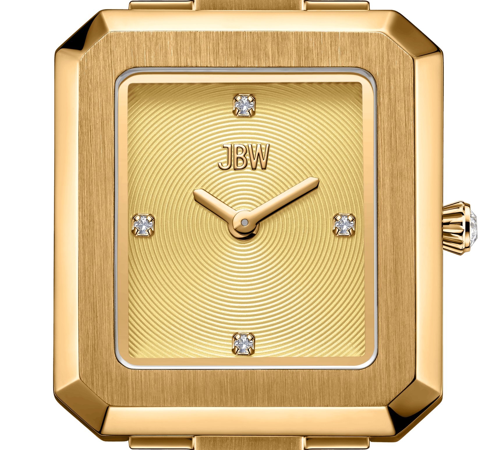 The Arc Single | J6390E by JBW Watches is a rectangular gold wristwatch featuring a textured gold face, gold hands, lab-grown diamond markers at 12, 3, 6, and 9 positions, and JBW near the top—an elegant luxury accessory.