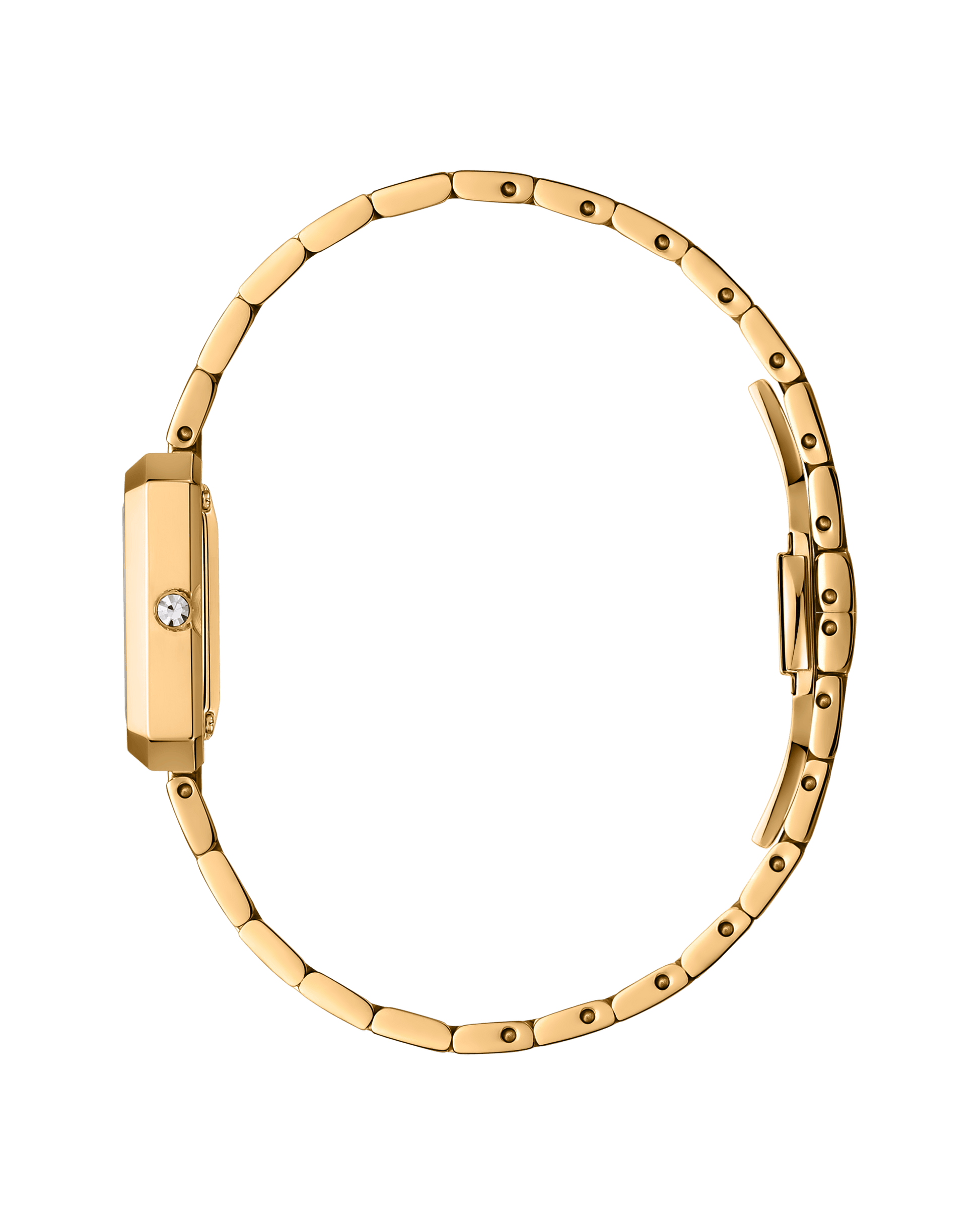 The JBW Watches Arc Single | J6390E is a slim gold wristwatch with a thin linked bracelet, shown in side view to highlight its minimalist profile and a small round lab-grown diamond on the case—a refined luxury accessory.