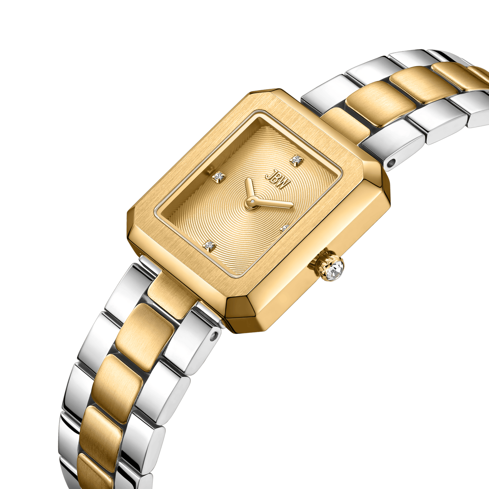 The Arc Single | J6390F by JBW Watches is a rectangular, lab-grown diamond watch with a two-tone gold and silver band, gold face, minimalist dial without numbers, dazzling diamond hour markers, gemstone-accented crown, and gender-neutral style.