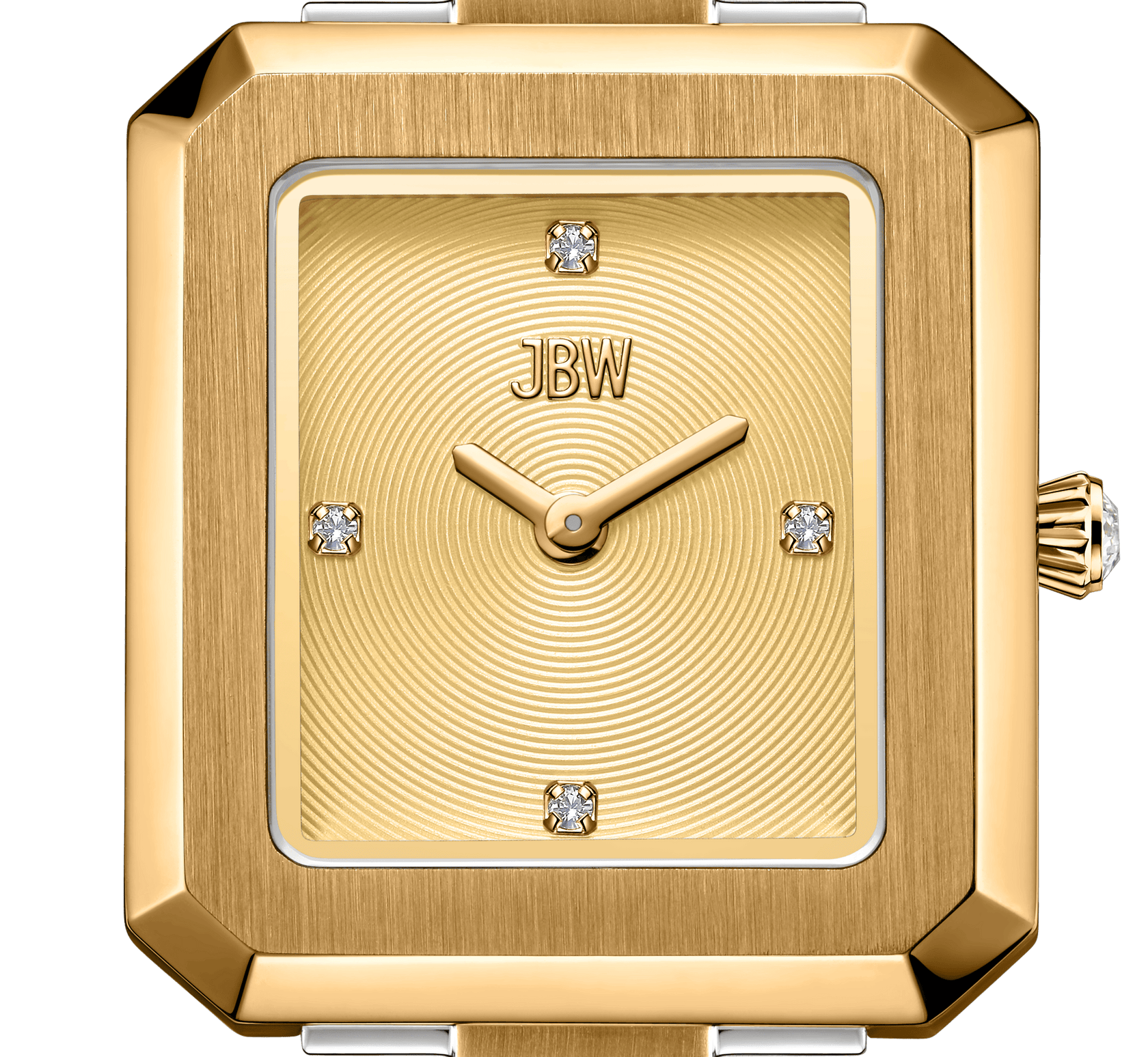 The JBW Watches Arc Single | J6390F is a gender-neutral rectangular watch with a textured concentric face, four lab-grown diamond hour markers, and the “JBW” logo below 12 o’clock. It has no hour numbers or second hand for a sleek look.