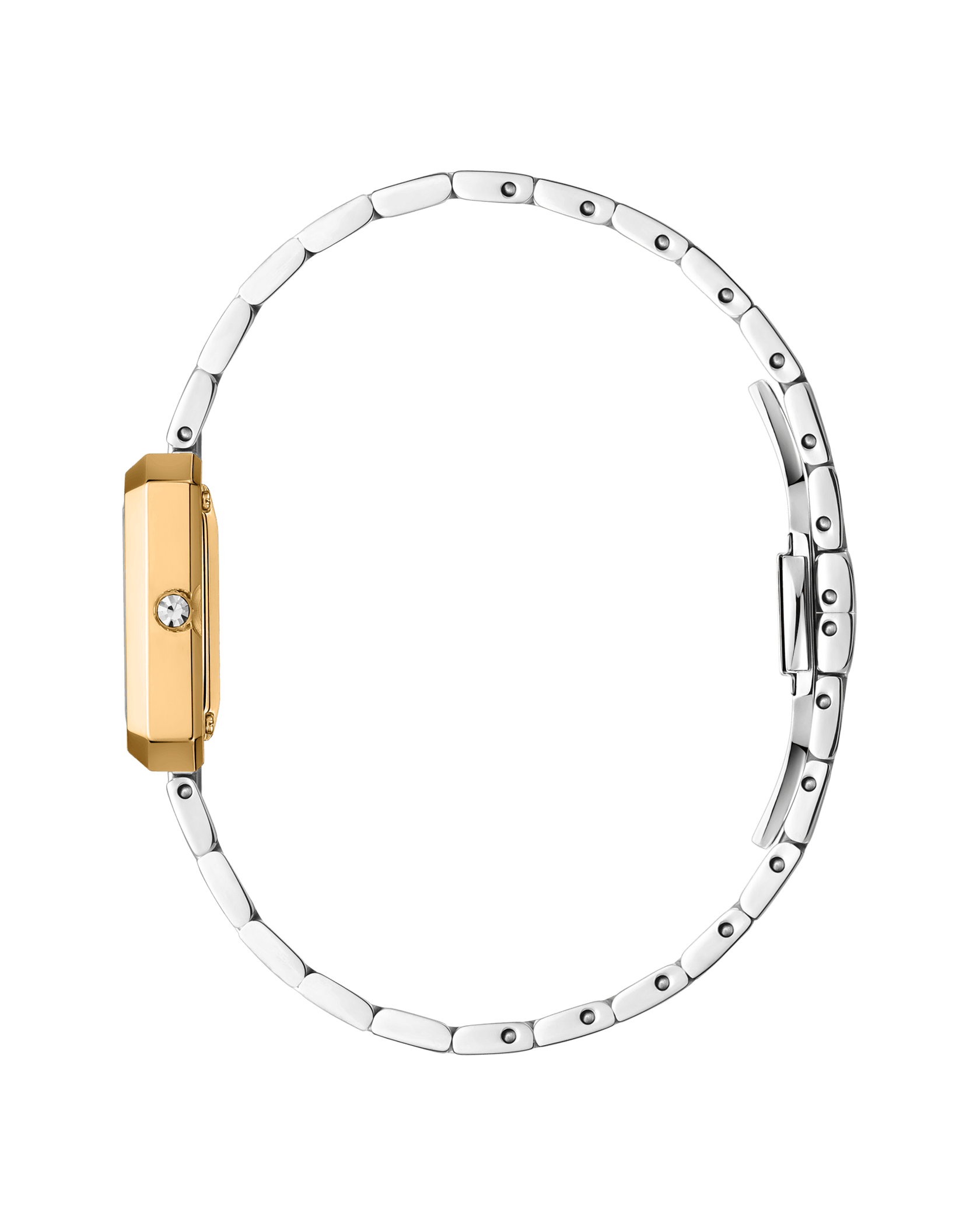 The JBW Watches Arc Single | J6390F is a slim, minimalist rectangular watch with a gold case, a single lab-grown diamond on the side, and a silver metal link bracelet, shown from the side to emphasize its thin profile.