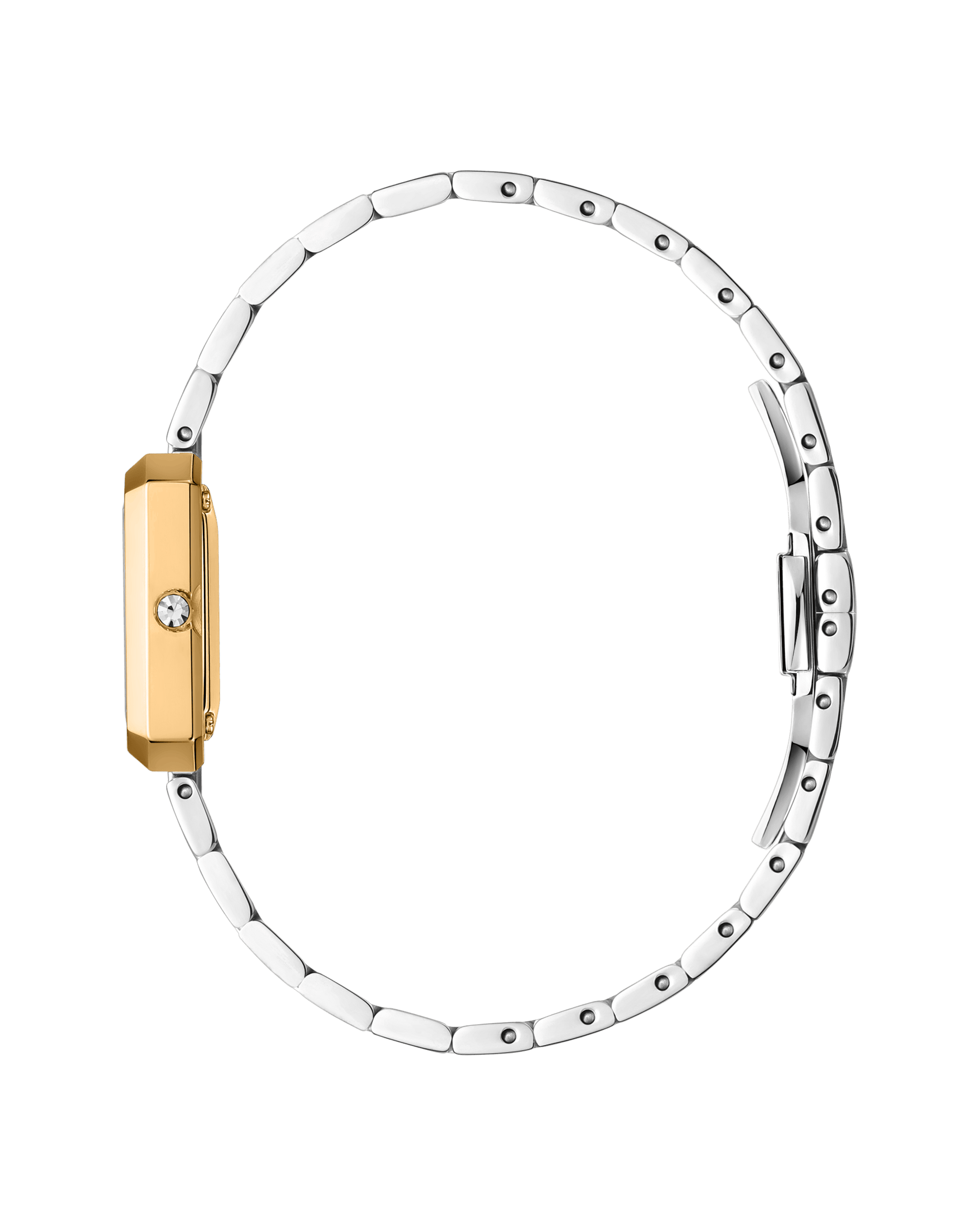 The JBW Watches Arc Single | J6390F is a slim, minimalist rectangular watch with a gold case, a single lab-grown diamond on the side, and a silver metal link bracelet, shown from the side to emphasize its thin profile.