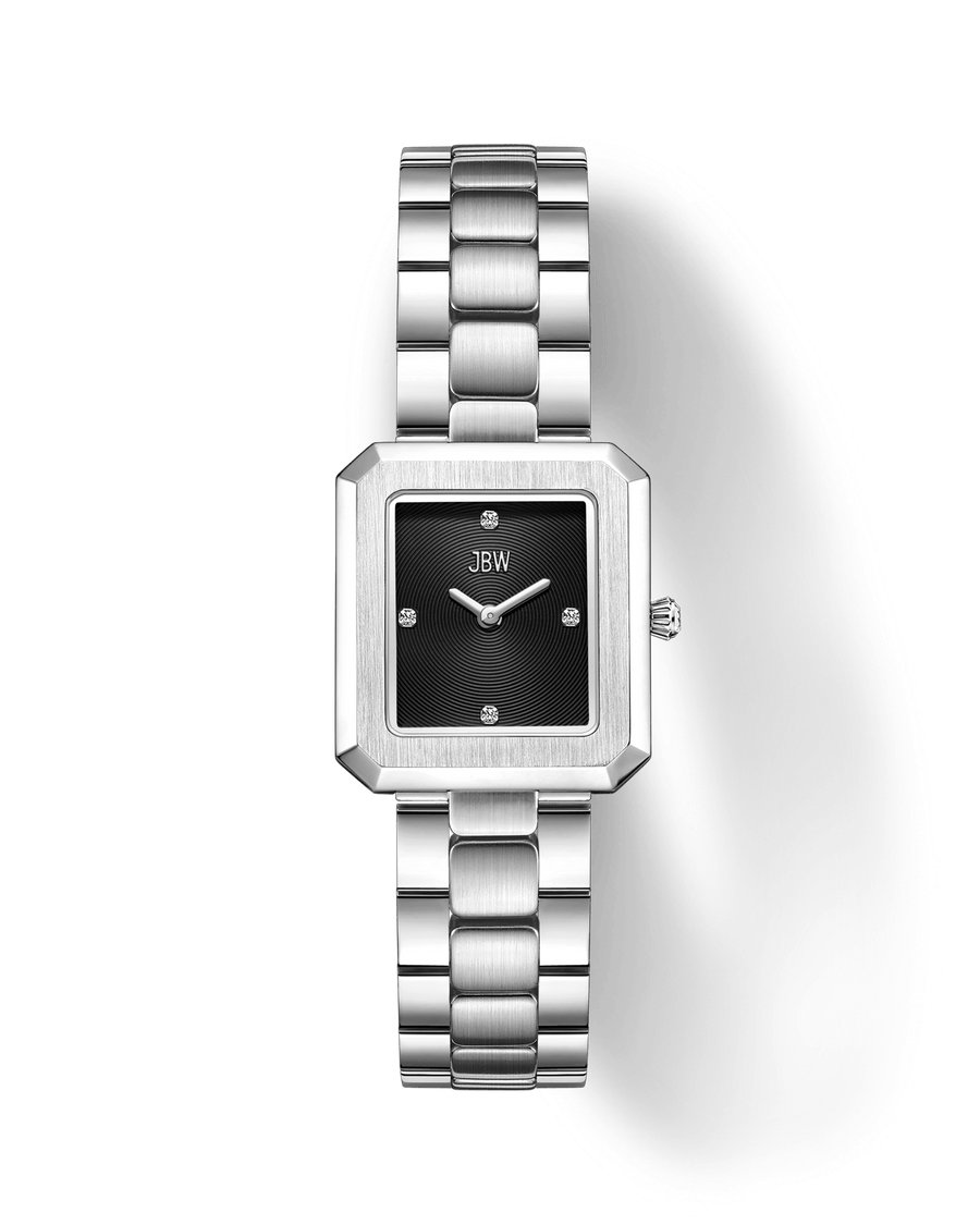 The Arc Single (Sample Sale) | J6390G-GA by JBW Watches is a gender-neutral rectangular watch with a black face, four lab-grown diamond markers, and a silver link band, elegantly displayed on a plain white background.
