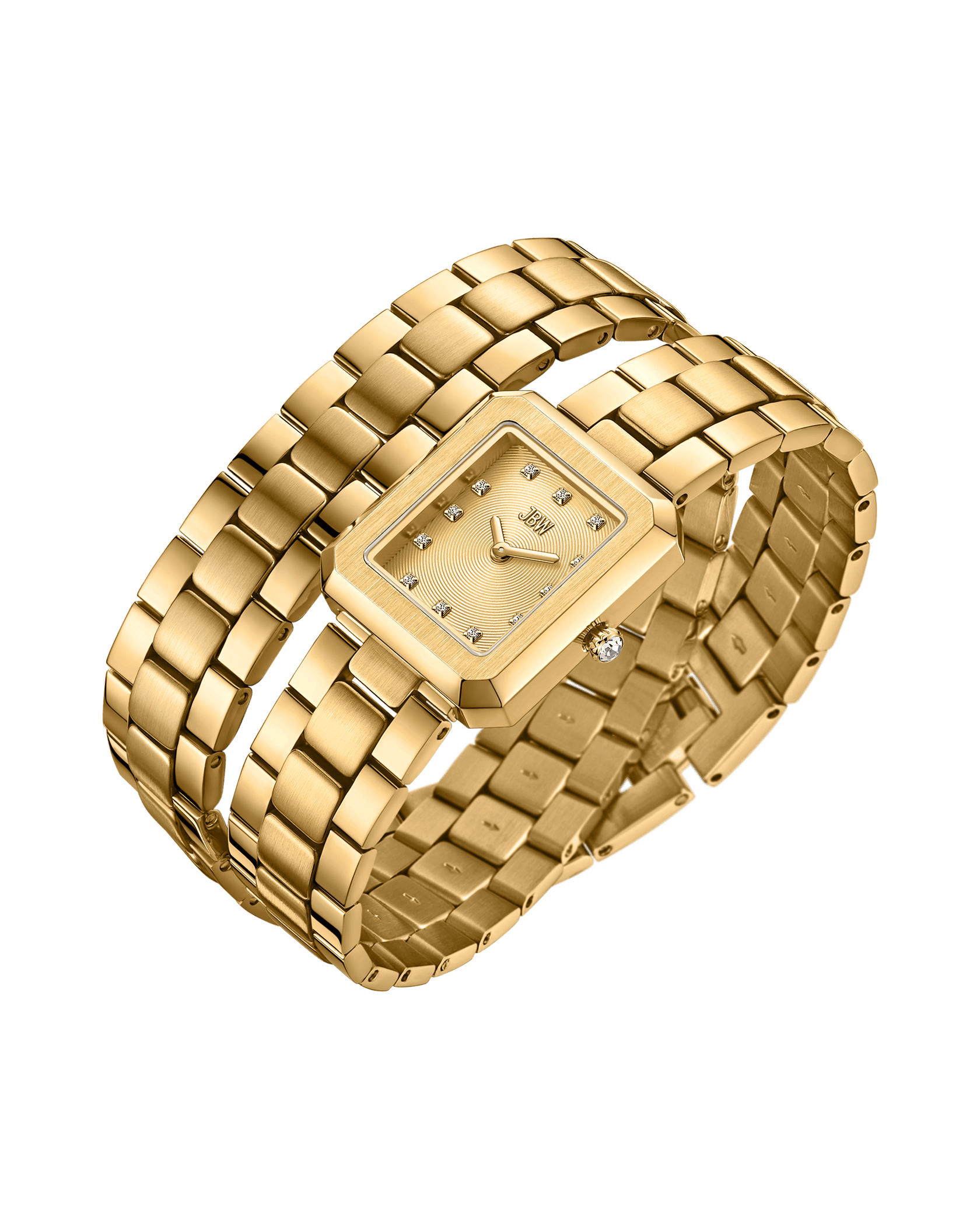 The JBW Watches Arc Double | J6390H is a gold lab-grown diamond watch with a rectangular face, gold bracelet band, and diamond hour markers, elegantly angled to highlight its polished design against a plain white background.