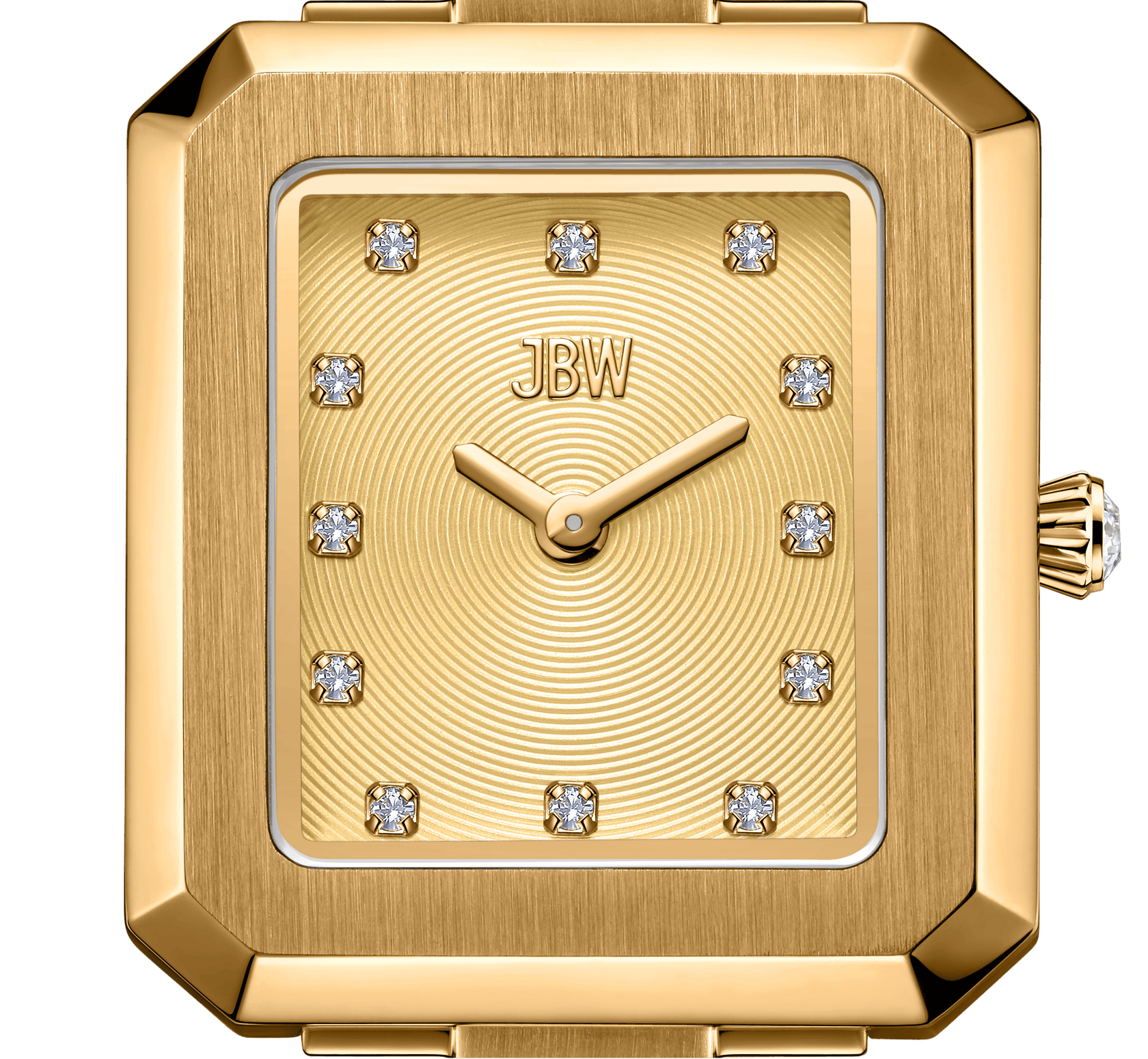 The Arc Double | J6390H by JBW Watches is a rectangular, gold, gender-neutral watch featuring a brushed gold face with twelve lab-grown diamond hour markers, gold hands, engraved branding, and an elegant concentric circle design.