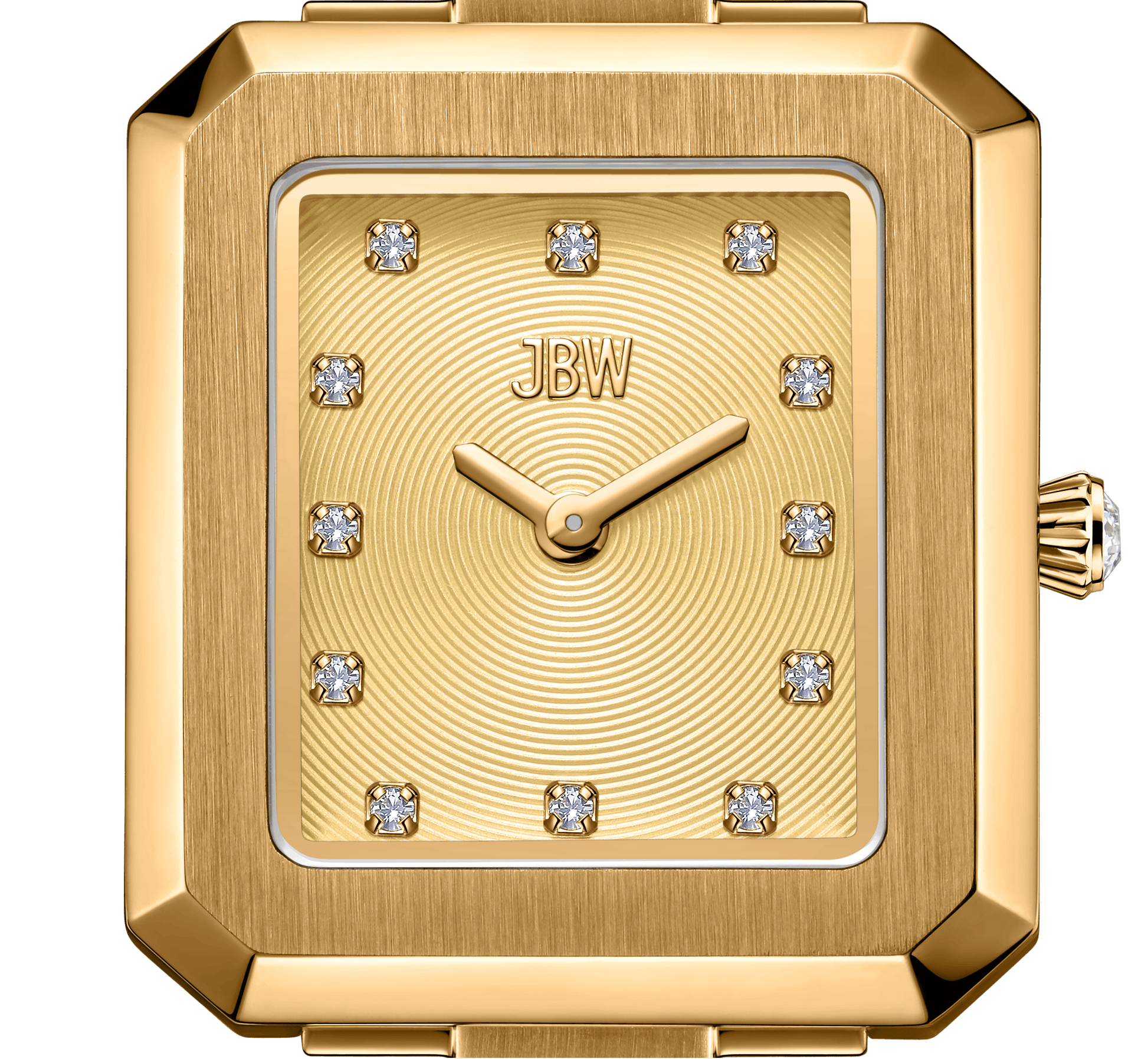 The Arc Double | J6390H by JBW Watches is a rectangular, gold, gender-neutral watch featuring a brushed gold face with twelve lab-grown diamond hour markers, gold hands, engraved branding, and an elegant concentric circle design.