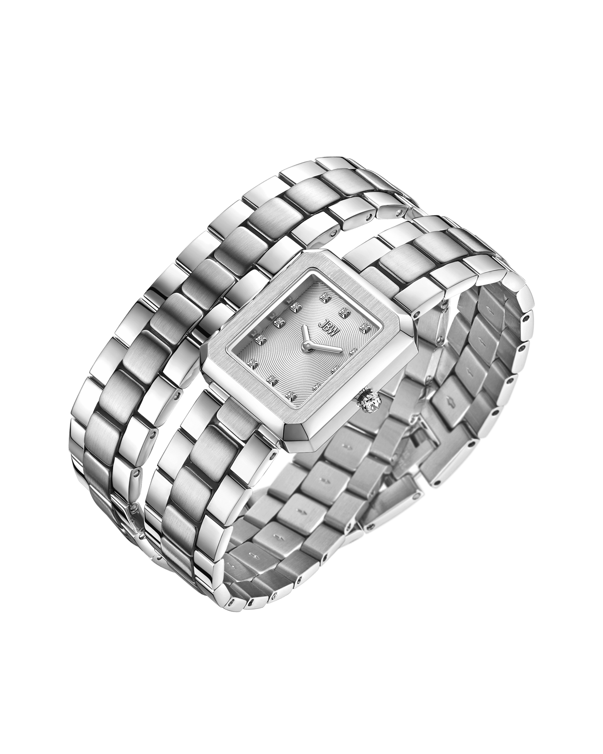 The Arc Double | J6390J by JBW Watches is a silver rectangular wristwatch featuring a metal link band, minimalist face, and small lab-grown diamond hour markers, displayed on a white background.