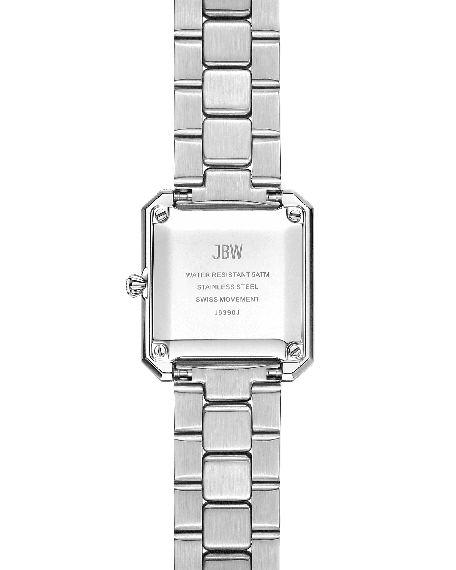 Back view of the Arc Double | J6390J, a silver stainless steel double-wrap watch by JBW Watches, featuring an engraved case with branding, water resistance, Swiss movement, and model number J6390J.