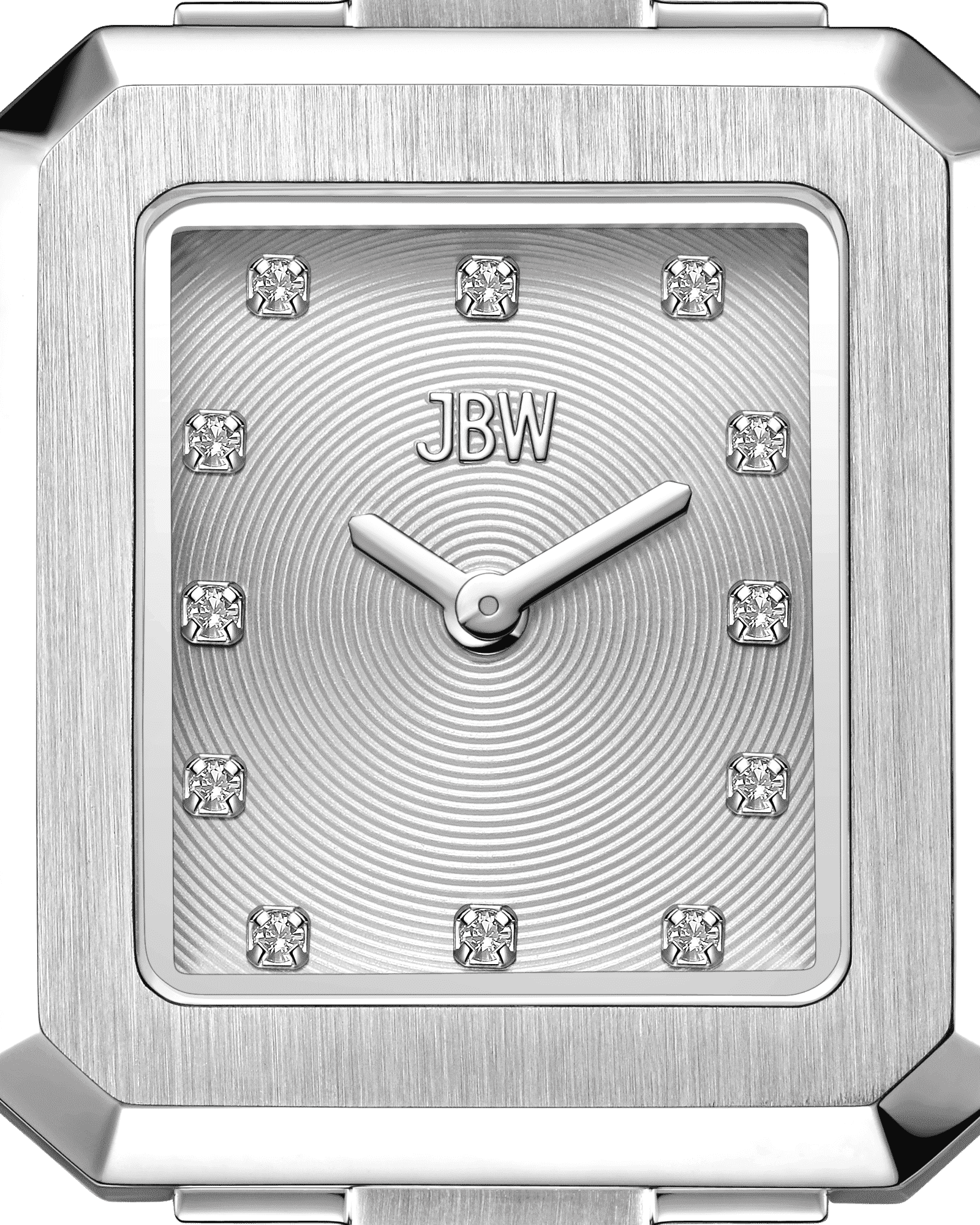 Close-up of the JBW Watches Arc Double | J6390J, a square lab-grown diamond timepiece featuring a silver brushed metal face, diamond hour markers, and two hands at 10:09 with minimalist concentric circle detailing.