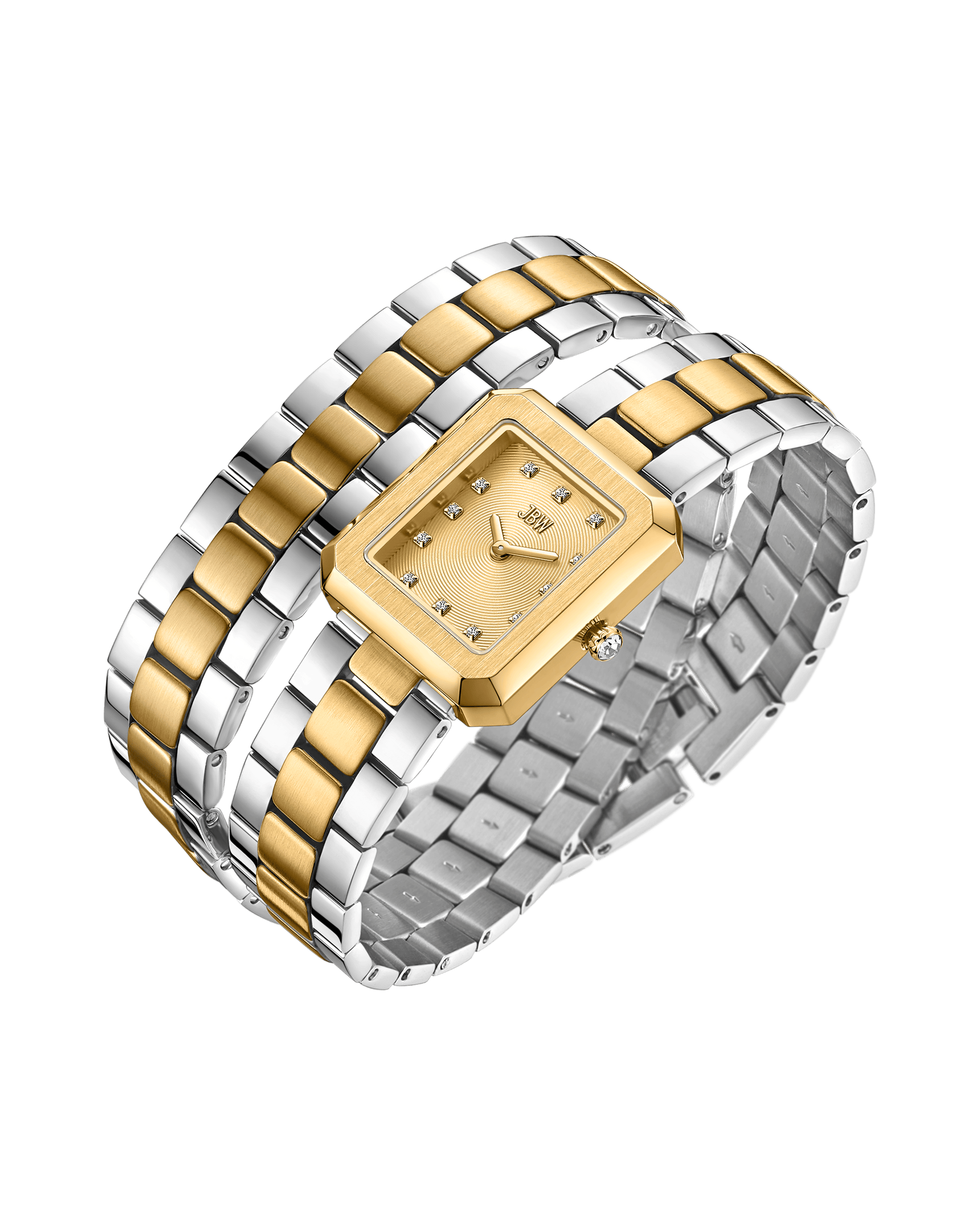 The JBW Watches Arc Double (Sample Sale) | J6390K-GA features a rectangular gold face, lab-grown diamond hour markers, and a two-tone silver and gold metal link band, shown against a white background.
