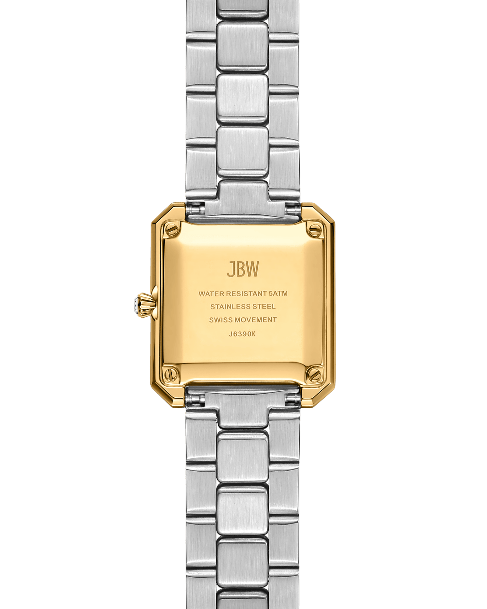 A close-up of the back of a JBW Watches Arc Double (Sample Sale) | J6390K-GA watch features a two-tone metal band and a gold-tone square case back engraved with brand details and specifications.