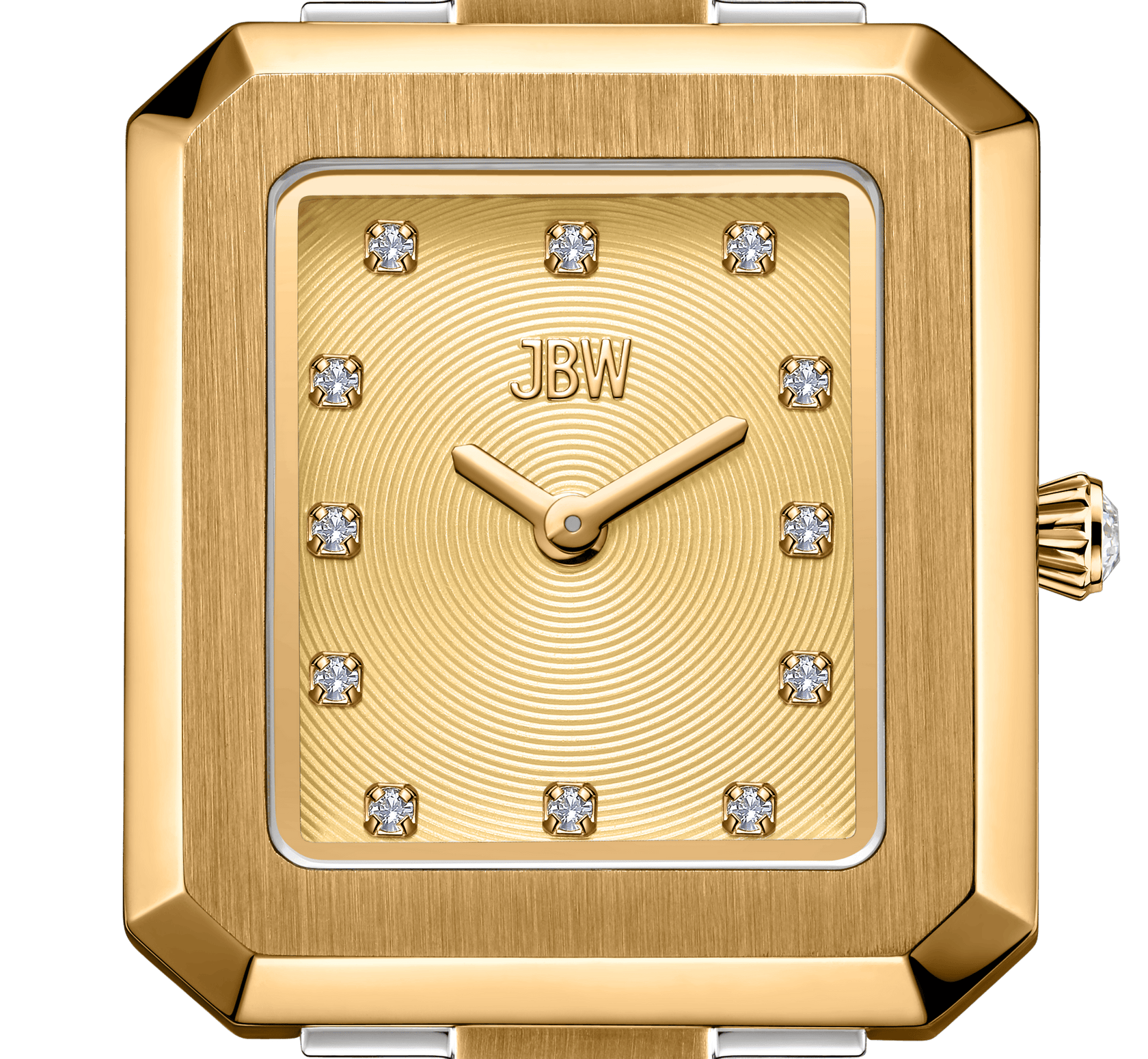 The JBW Watches Arc Double (Sample Sale) | J6390K-GA features a gold rectangular case with a brushed metal finish, lab-grown diamond hour markers, two gold hands, and a textured concentric circle face with "JBW" at the top.