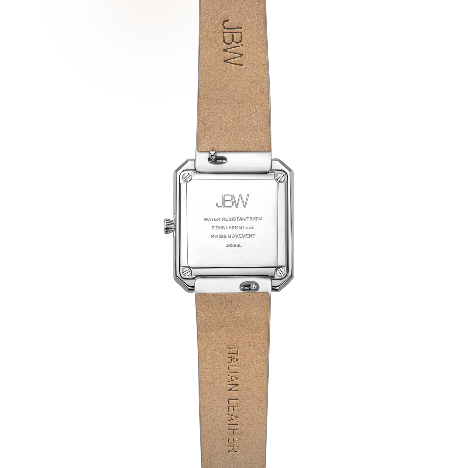 The JBW Watches Arc Leather | J6390LC unisex watch has a square silver case, beige leather band embossed with JBW and ITALIAN LEATHER, and a case back showcasing technical details for a refined finish.