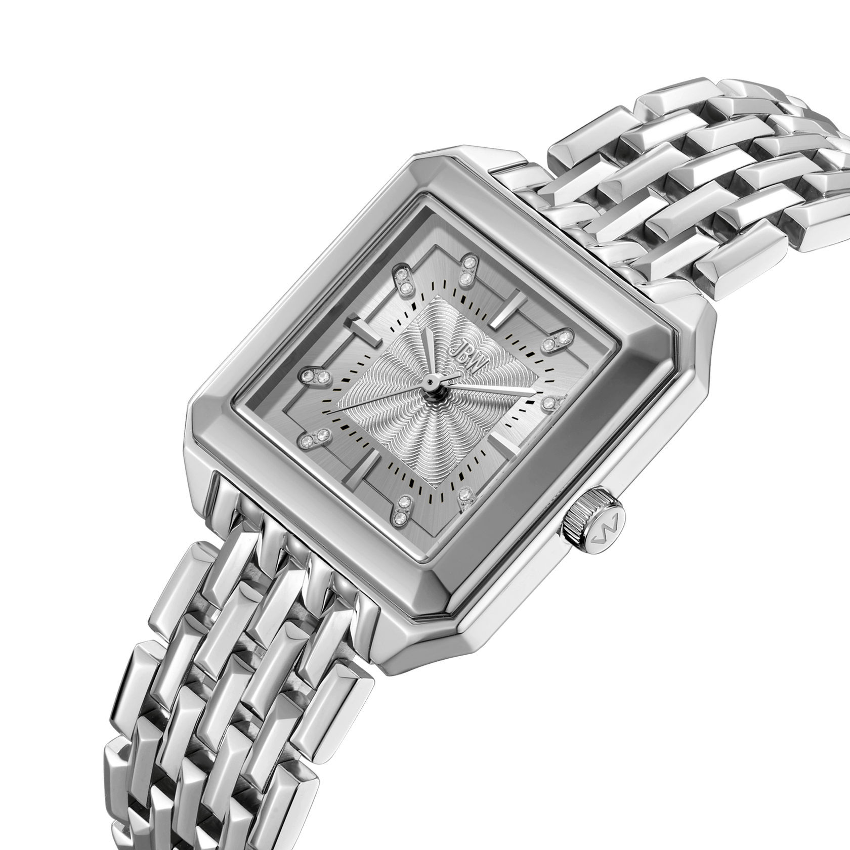 The JBW Watches Astra | J6410A is a silver rectangular wristwatch with a metallic bracelet, guilloché dial, geometric markers, and a logo crown, shown on a white background.