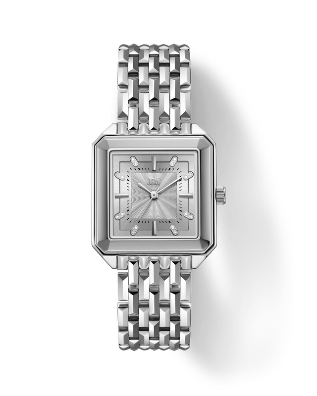 The JBW Watches Astra | J6410A is a silver square watch with a metallic link band, guilloché sunburst dial, minimalist markers, and right-side crown. The JBW logo appears on the face against a white background.