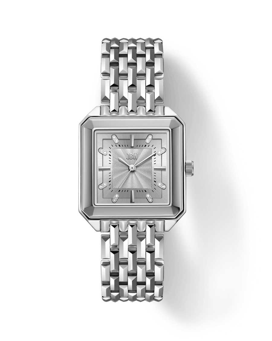 The JBW Watches Astra | J6410A is a silver square watch with a metallic link band, guilloché sunburst dial, minimalist markers, and right-side crown. The JBW logo appears on the face against a white background.