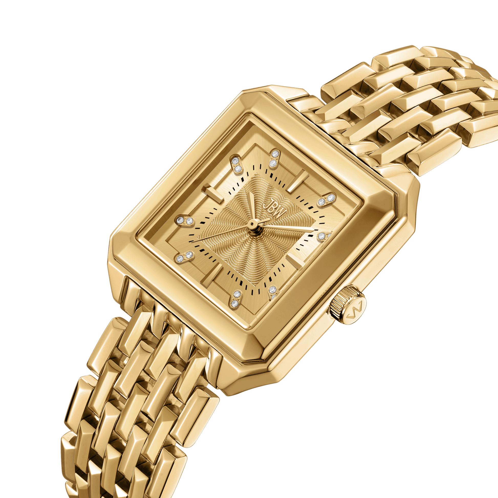 The Astra | J6410B by JBW Watches is a gold rectangular wristwatch with a linked bracelet, guilloché-textured dial, gold hour markers, crystal accents at each hour, Swiss quartz movement, and a polished finish.