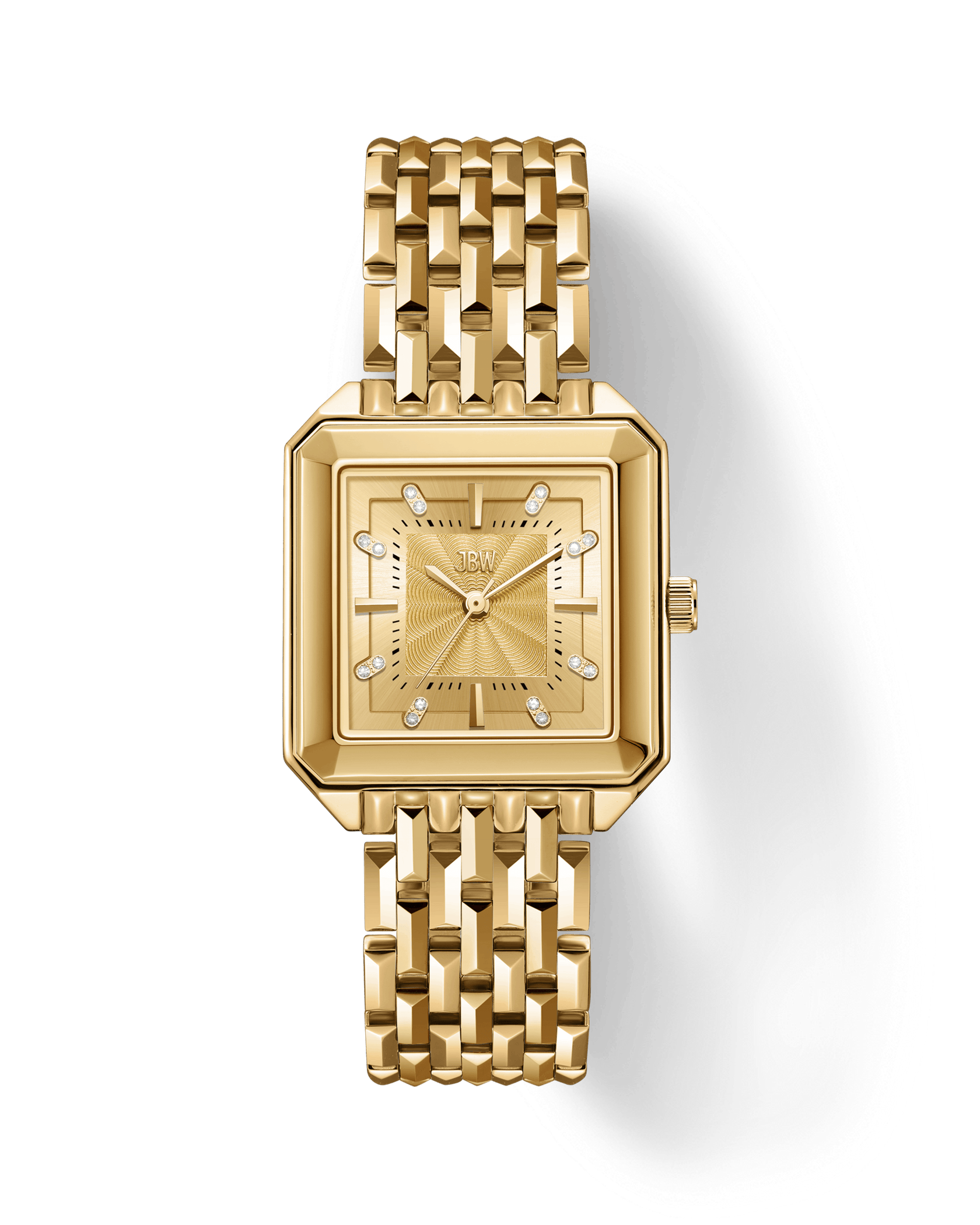 The JBW Watches Astra | J6410B is a gold square silhouette watch with a linked metal band, diamond hour markers, Swiss quartz movement, and the JBW logo on the dial, shown against a plain white background.