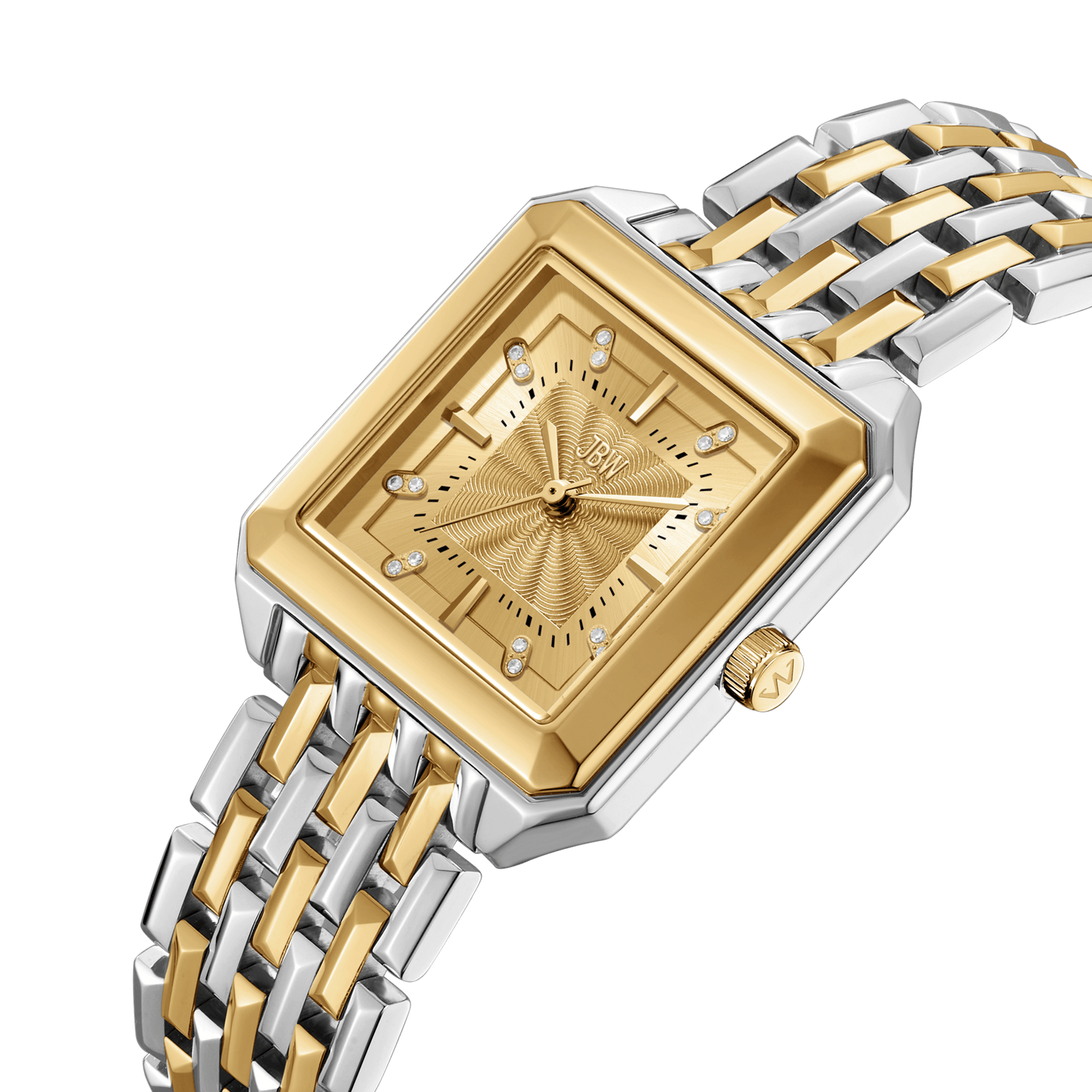 The JBW Watches Astra | J6410C is a rectangular gold and silver wristwatch featuring a gold face, stainless steel bracelet, and diamond hour markers, photographed on a white background.