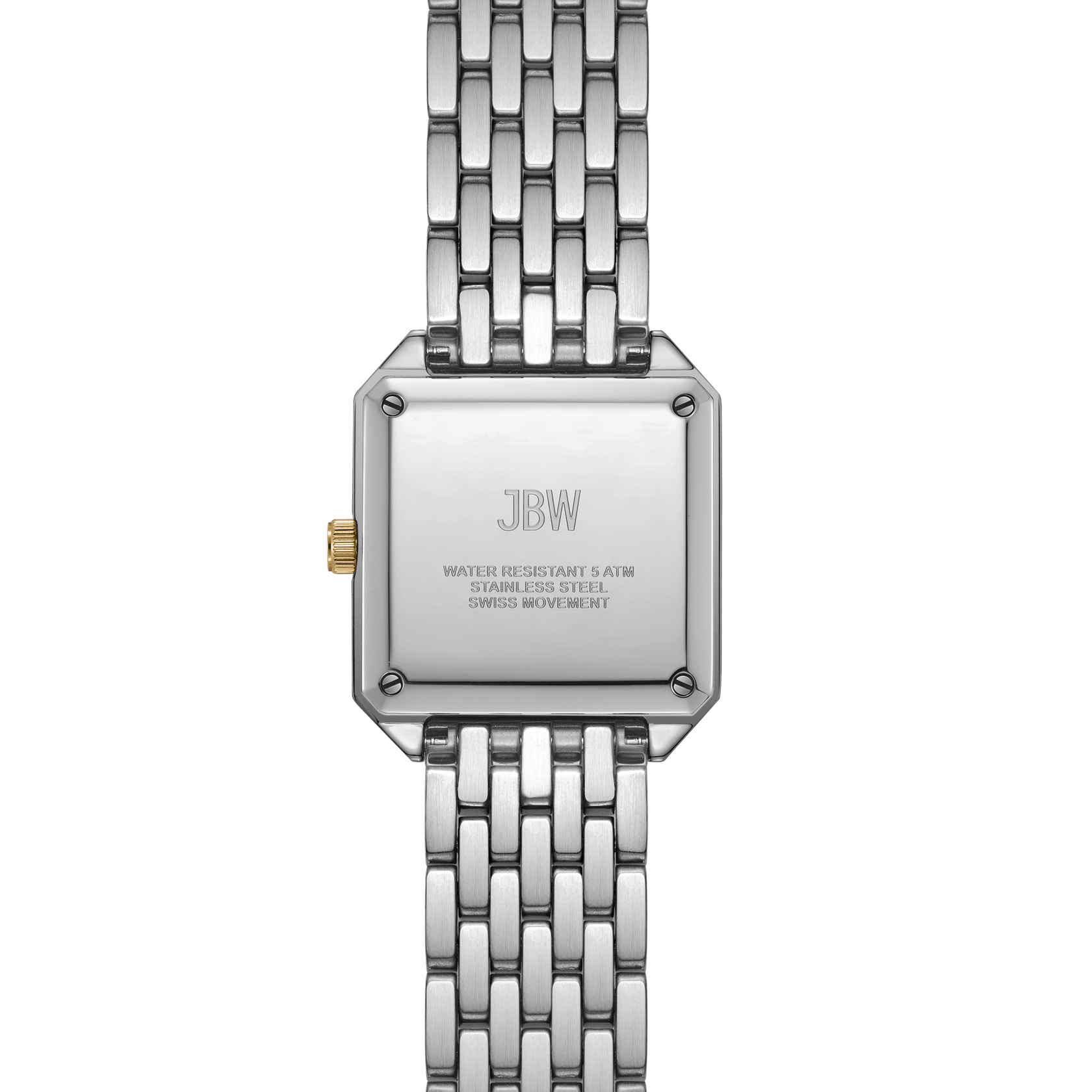 A close-up of the back of a silver JBW Watches Astra | J6410C square watch with a gold crown and stainless steel bracelet. The engraved case displays the JBW branding and watch specifications.