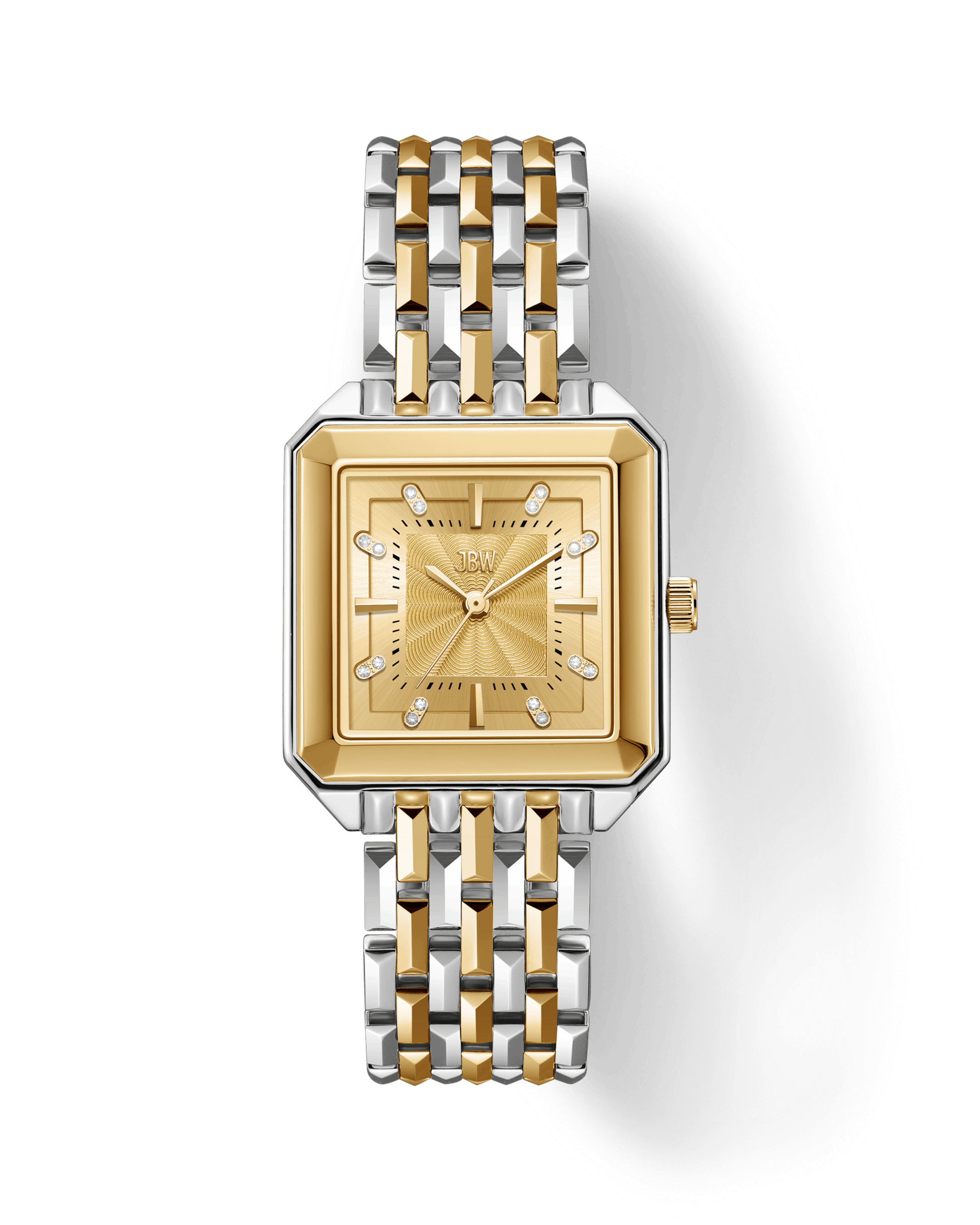 The JBW Watches Astra | J6410C is a square watch with a gold and silver stainless steel bracelet, a gold dial adorned with diamond hour markers, and gold hands, all featuring the “JBW” logo for an elegant touch.