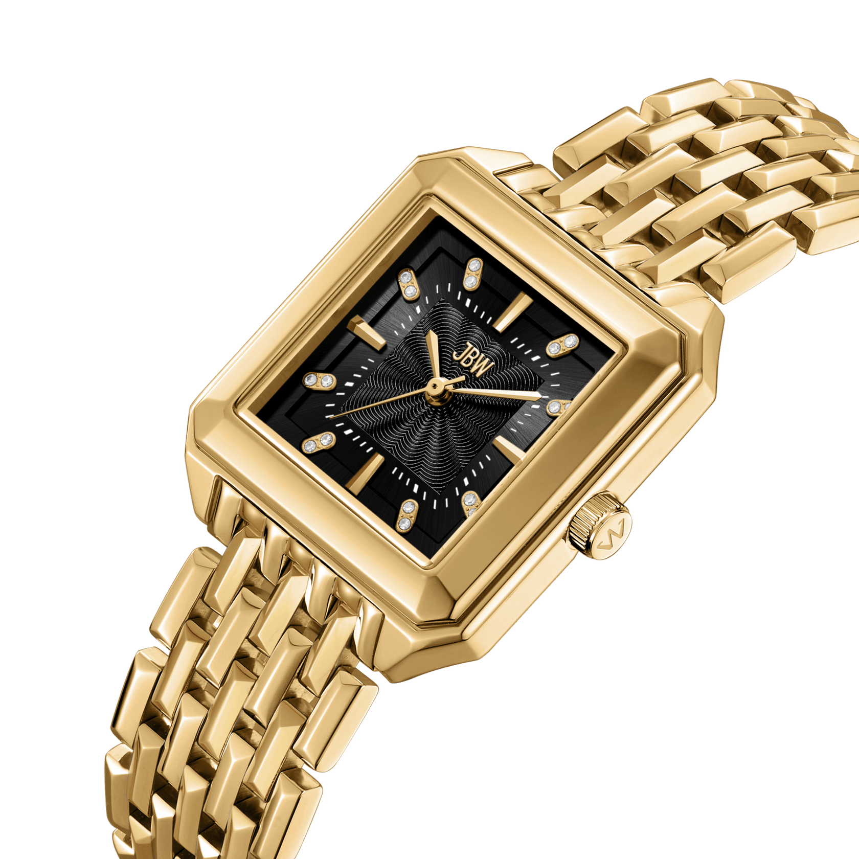 The JBW Watches Astra | J6410D is a gold rectangular wristwatch with a black guilloché dial, gold hands, diamond markers, and a gold linked bracelet with side crown, shown on a white background.