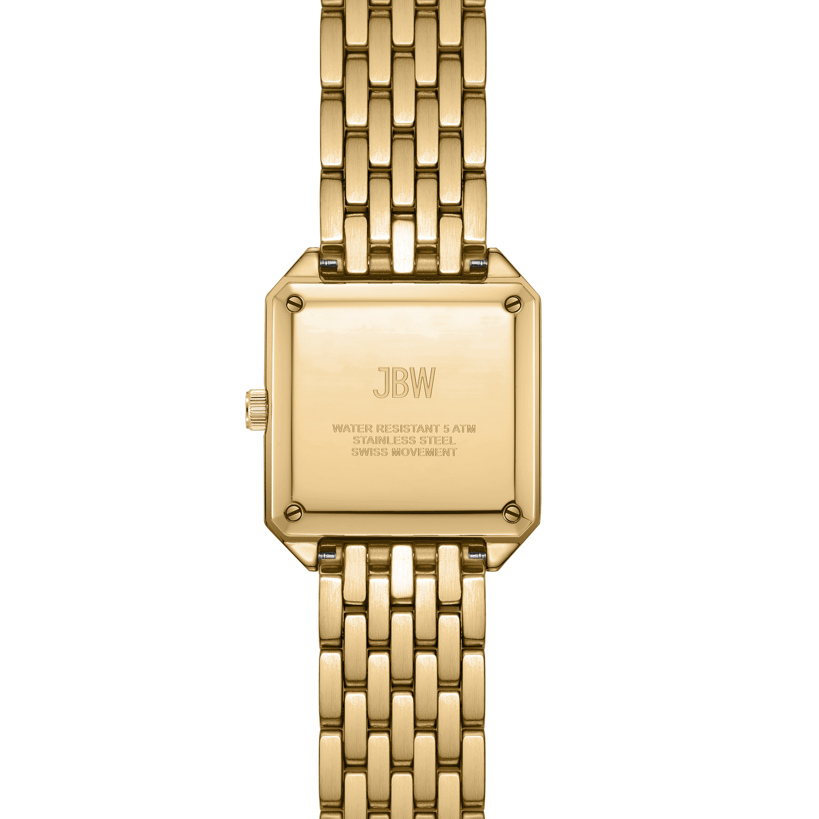 The back of the Astra | J6410D by JBW Watches is shown, displaying its rectangular case engraved with water resistance and Swiss quartz movement details, along with a linked gold stainless steel band.
