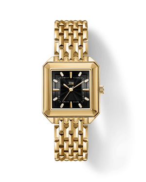 The JBW Watches Astra | J6410D is a gold square-faced wristwatch with a black guilloché-textured dial, gold metal link band, crystal-accented hands and markers, and the JBW logo displayed on the face.