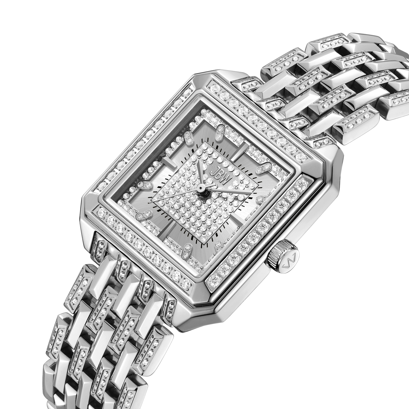 The JBW Watches Astra | J6411A is a luxury silver wristwatch featuring a square silhouette, diamond accents on the bezel and band, and a pavé-grid dial, displayed against a white background.