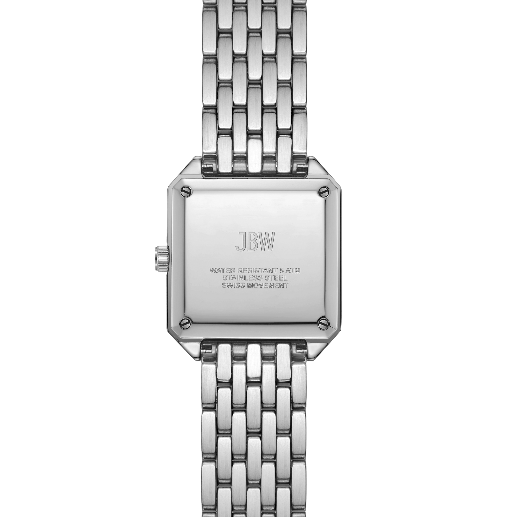 A close-up of the back of the silver JBW Watches Astra | J6411A shows its metal link band and engraved details about water resistance, stainless steel, and Swiss quartz movement.
