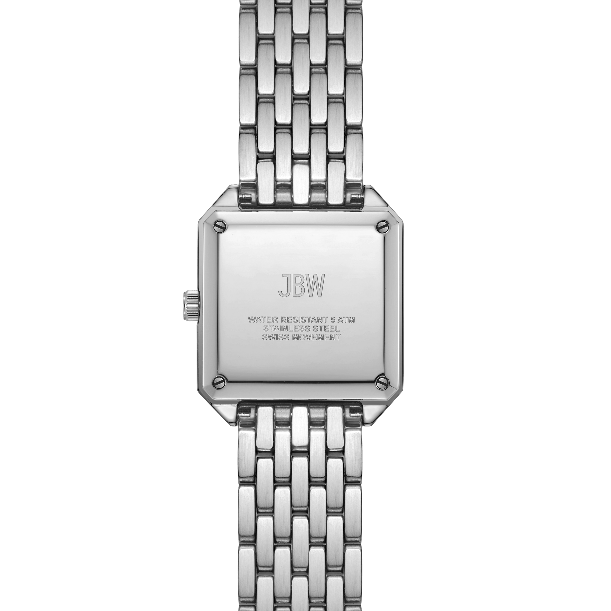 A close-up of the back of the silver JBW Watches Astra | J6411A shows its metal link band and engraved details about water resistance, stainless steel, and Swiss quartz movement.