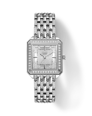 The JBW Watches Astra | J6411A is a silver square silhouette watch with a metal link band, diamond accents on the bezel and band, and a pavé-grid dial displaying a square pattern and the JBW logo.