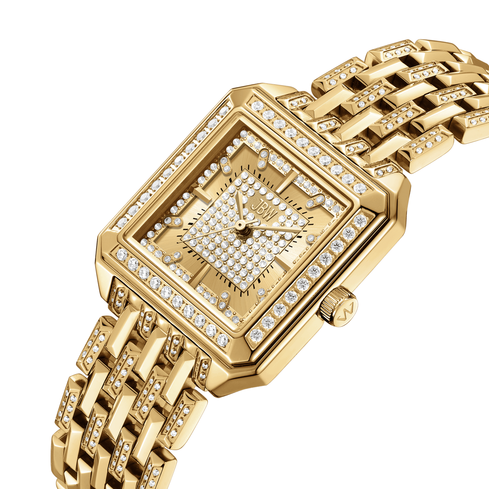 The Astra | J6411B by JBW Watches is a gold wristwatch with a pavé-grid dial, diamond-encrusted bezel, dial, and bracelet. It features a metallic gold band and crown, shown on a white background.