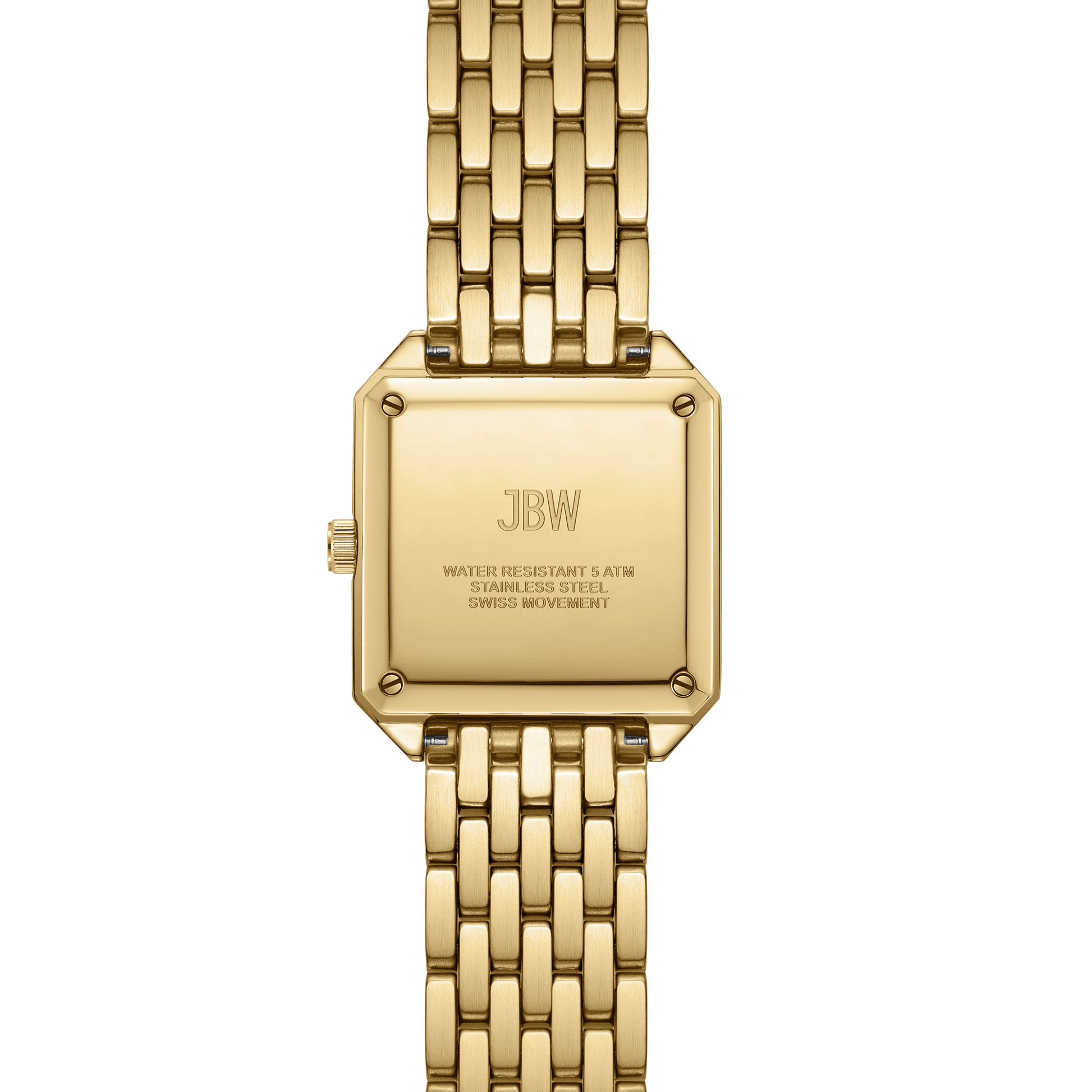 The JBW Watches Astra | J6411B is a gold wristwatch with a rectangular case, linked bracelet, and pavé-grid dial. The back is engraved with JBW and details on water resistance, stainless steel, and Swiss quartz movement.