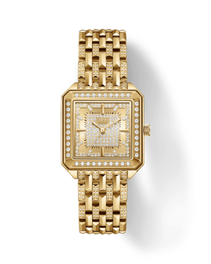 The JBW Watches Astra | J6411B is a gold rectangular wristwatch with a link band, adorned with small diamonds on the bezel, band, and face, featuring a pavé-grid dial and three gold hands.
