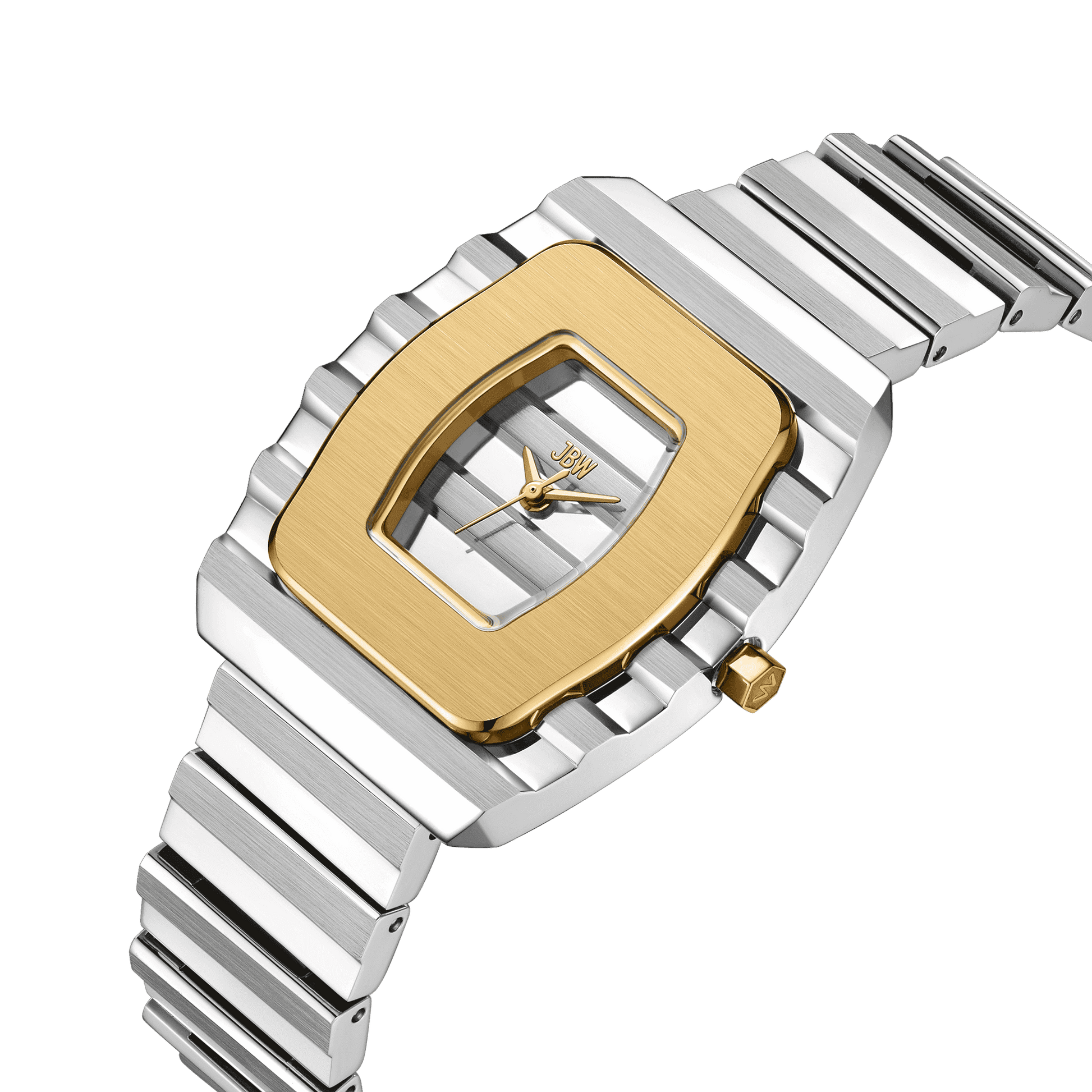 The JBW Watches Atlas (Sample Sale) | J6403C-SC features a stainless steel bracelet, rectangular case, gold bezel, cutout center revealing a minimalist dial and hands, and is powered by precise Swiss Ronda 763 movement.