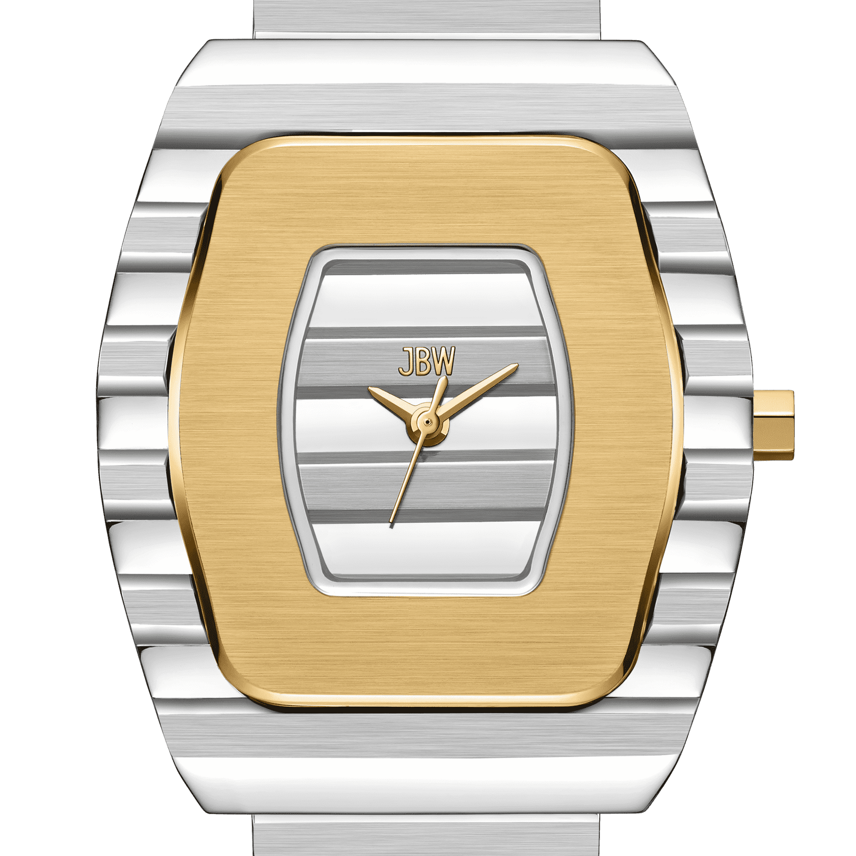 The JBW Watches Atlas (Sample Sale) | J6403C-SC features a gold bezel, gold hands and crown, a rectangular face with striped silver dial and band, stainless steel bracelet, and brand logo on the face.