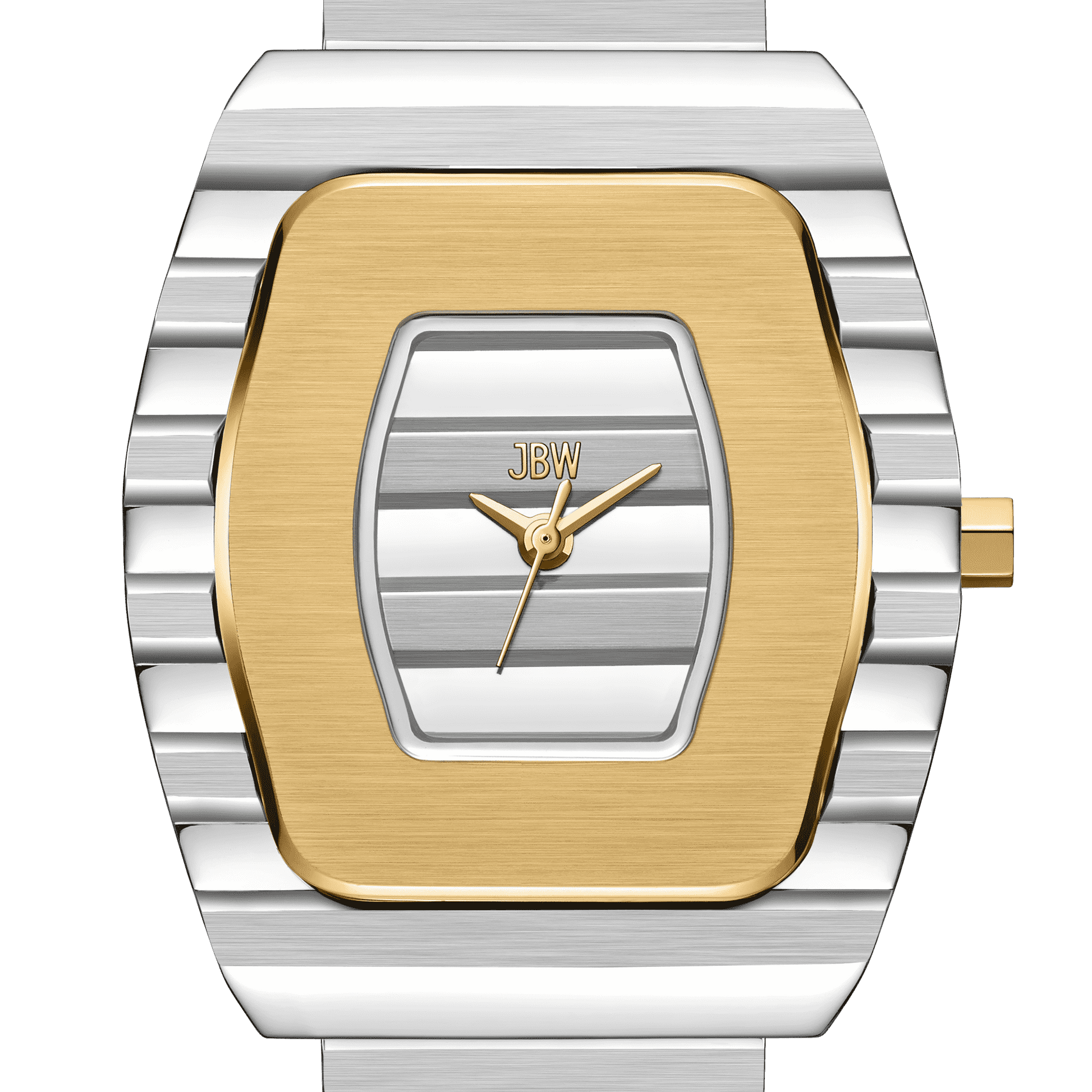 The JBW Watches Atlas (Sample Sale) | J6403C-SC features a gold bezel, gold hands and crown, a rectangular face with striped silver dial and band, stainless steel bracelet, and brand logo on the face.