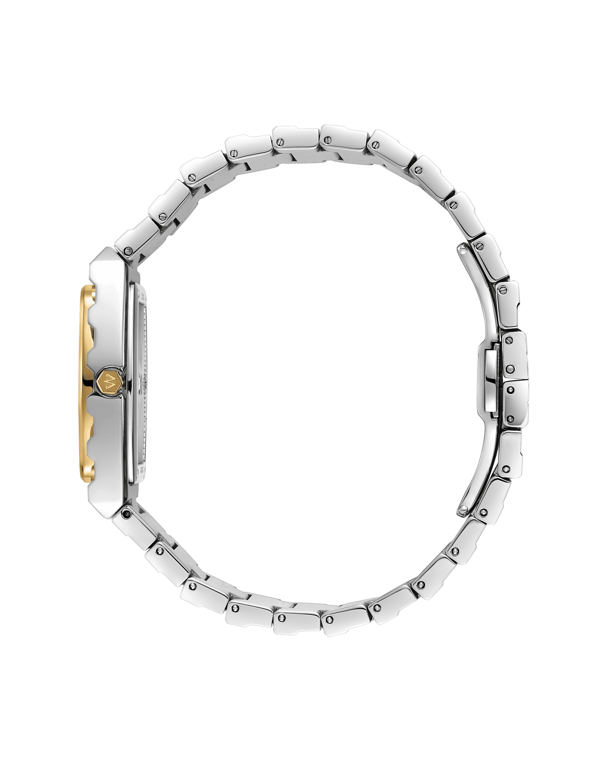 Side view of the JBW Watches Atlas (Sample Sale) | J6403C-SC, a silver women's watch with gold crown and bezel, slim profile, stainless steel bracelet, and Swiss Ronda 763 movement set against a plain white background.