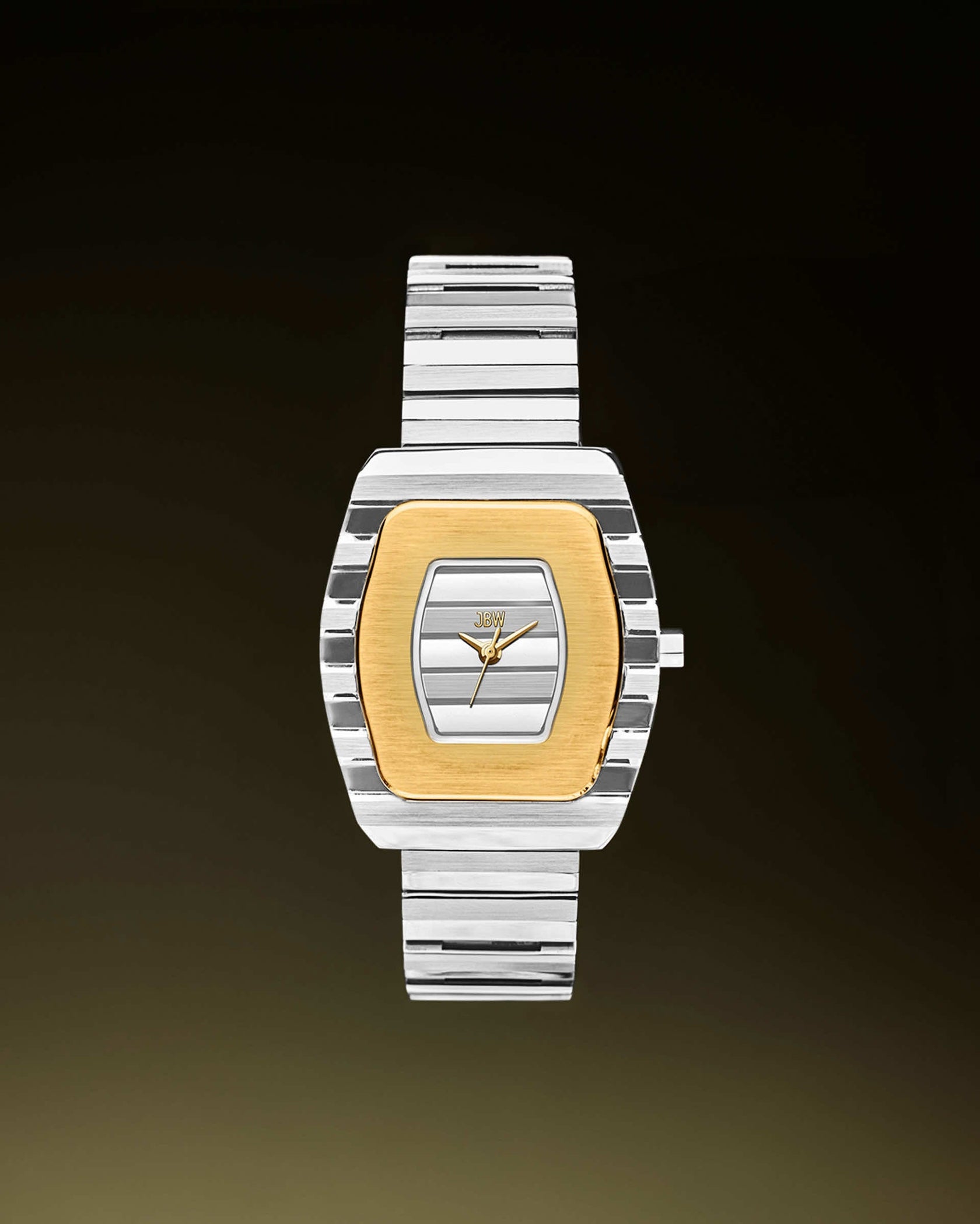 The JBW Watches Atlas (Sample Sale) | J6403C-SC features a silver rectangular, gold-bordered face and a stainless steel bracelet, shown against a dark gradient background with the hands set to 10:09.