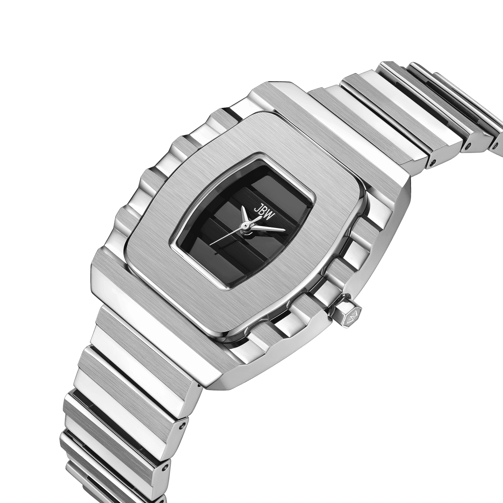 The Atlas (Sample Sale) | J6403D-SC by JBW Watches is a women’s watch with a ridged rectangular case, black dial, silver hands, and a minimalist JBW design complemented by a stainless steel bracelet for a sleek, modern look.