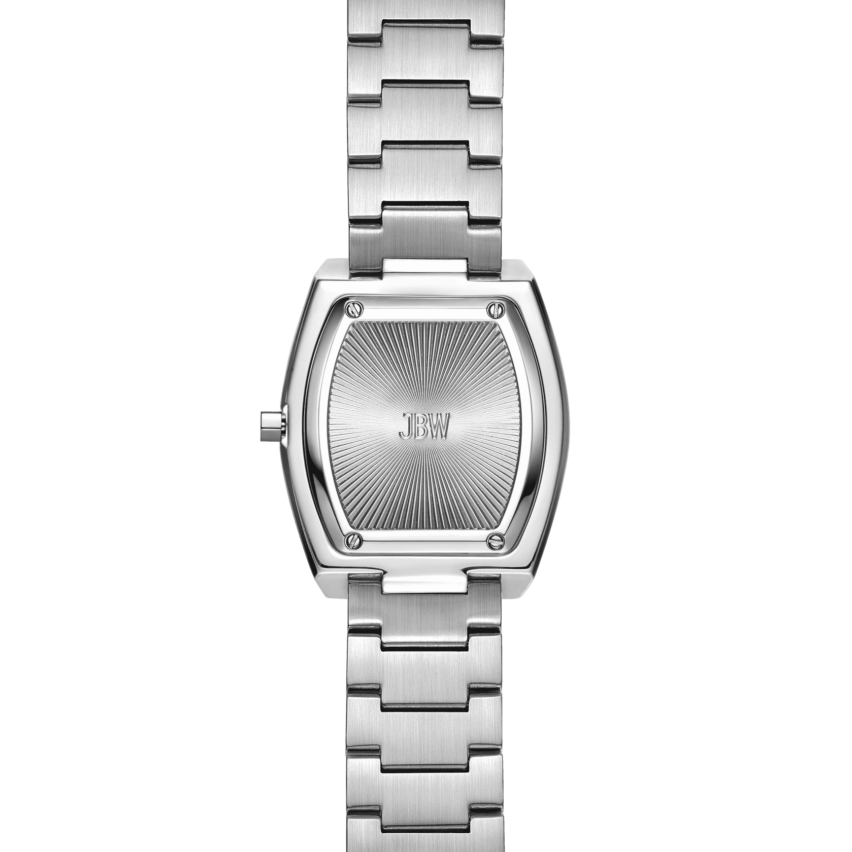 The Atlas (Sample Sale) | J6403D-SC by JBW Watches is a women’s silver watch with a rectangular brushed case, engraved “JBW” on the back, and a stainless steel bracelet for a sleek, modern style.