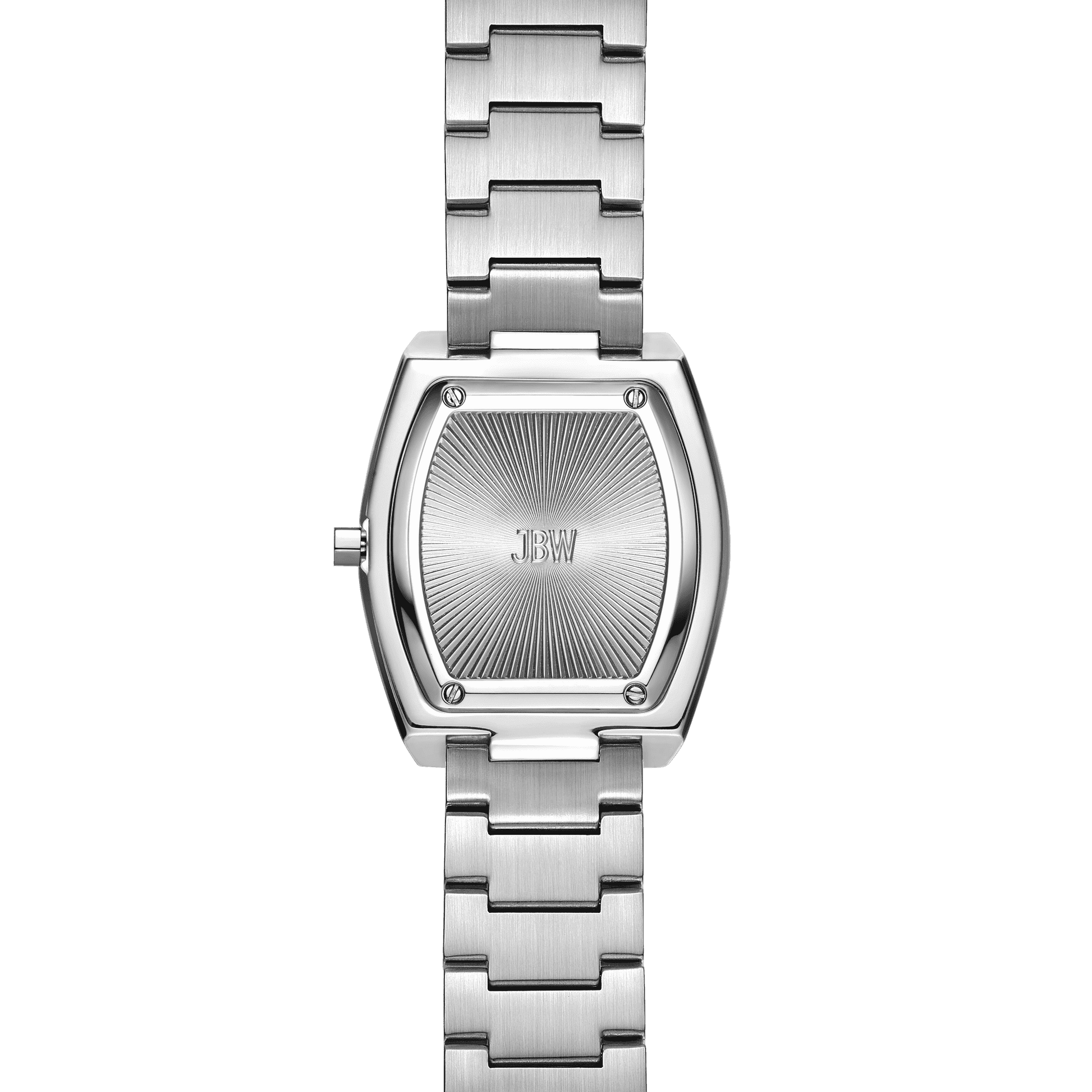 The Atlas (Sample Sale) | J6403D-SC by JBW Watches is a women’s silver watch with a rectangular brushed case, engraved “JBW” on the back, and a stainless steel bracelet for a sleek, modern style.