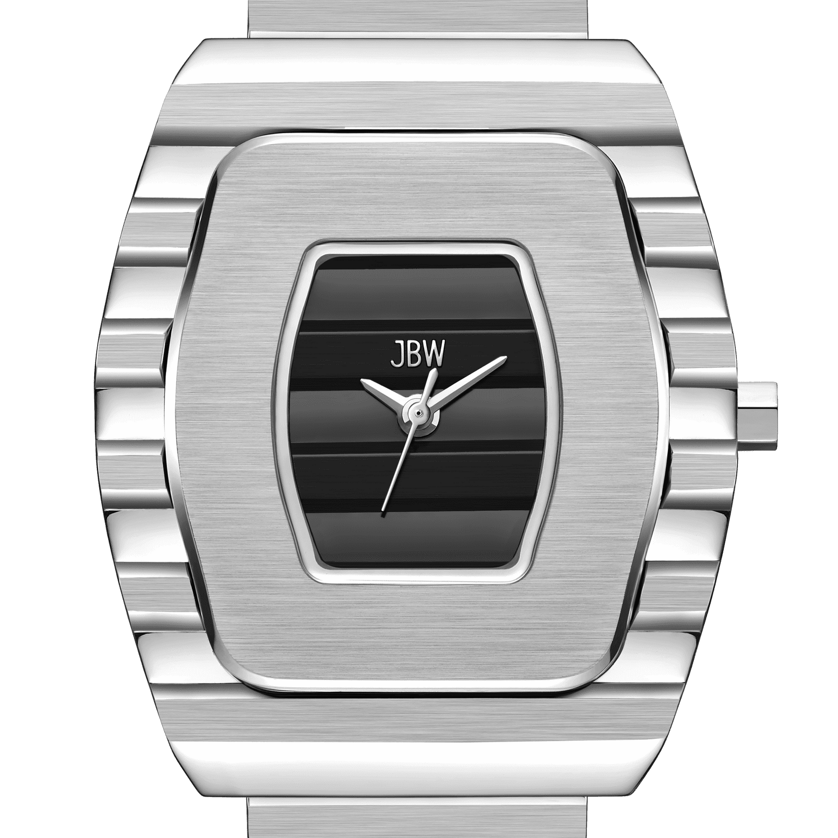 The JBW Watches Atlas (Sample Sale) | J6403D-SC women's watch features a silver rectangular ridged metal case, black face with silver hands, stainless steel bracelet, and the “JBW” logo at the top for a modern, sleek look.